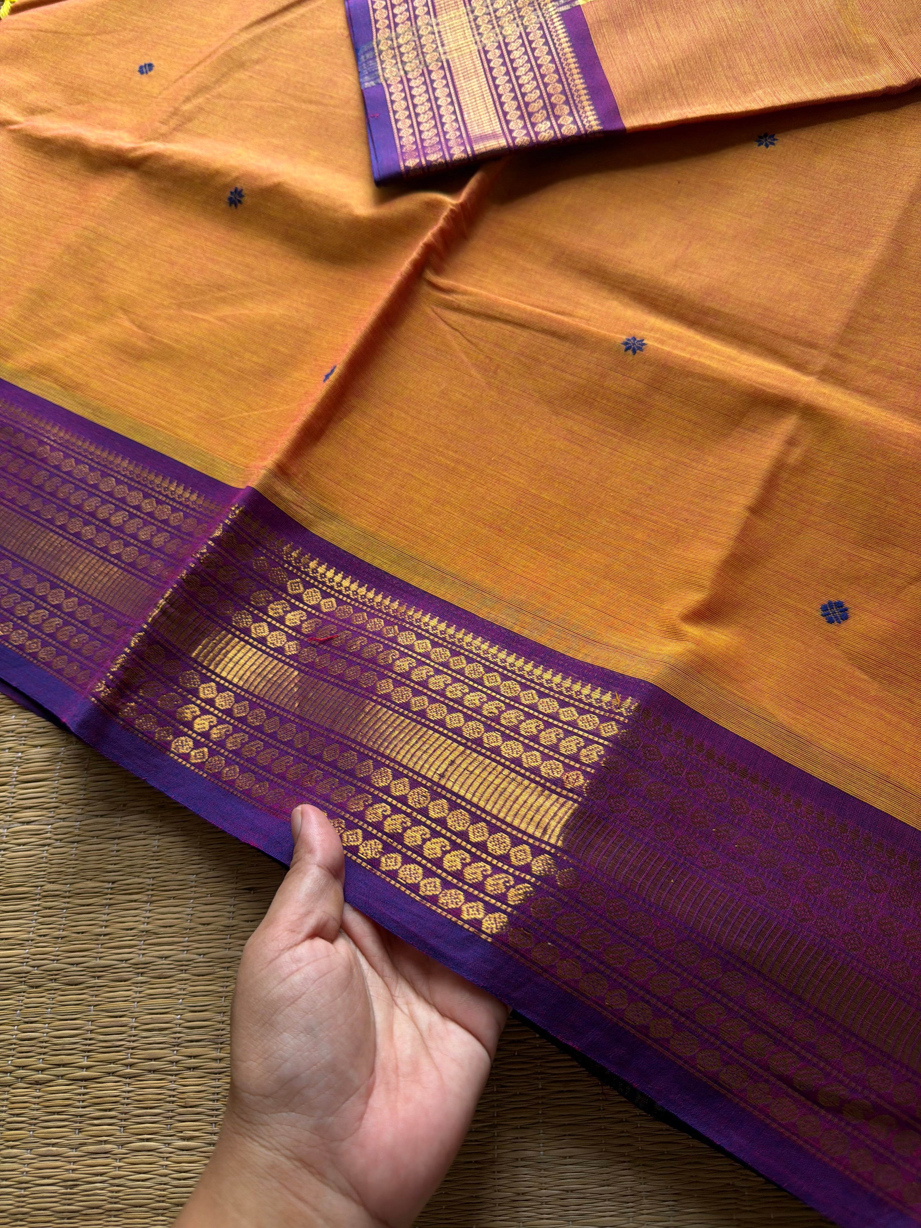 RF739 Mango with purple shade combination Kanchi cotton saree with handmade thread buttas