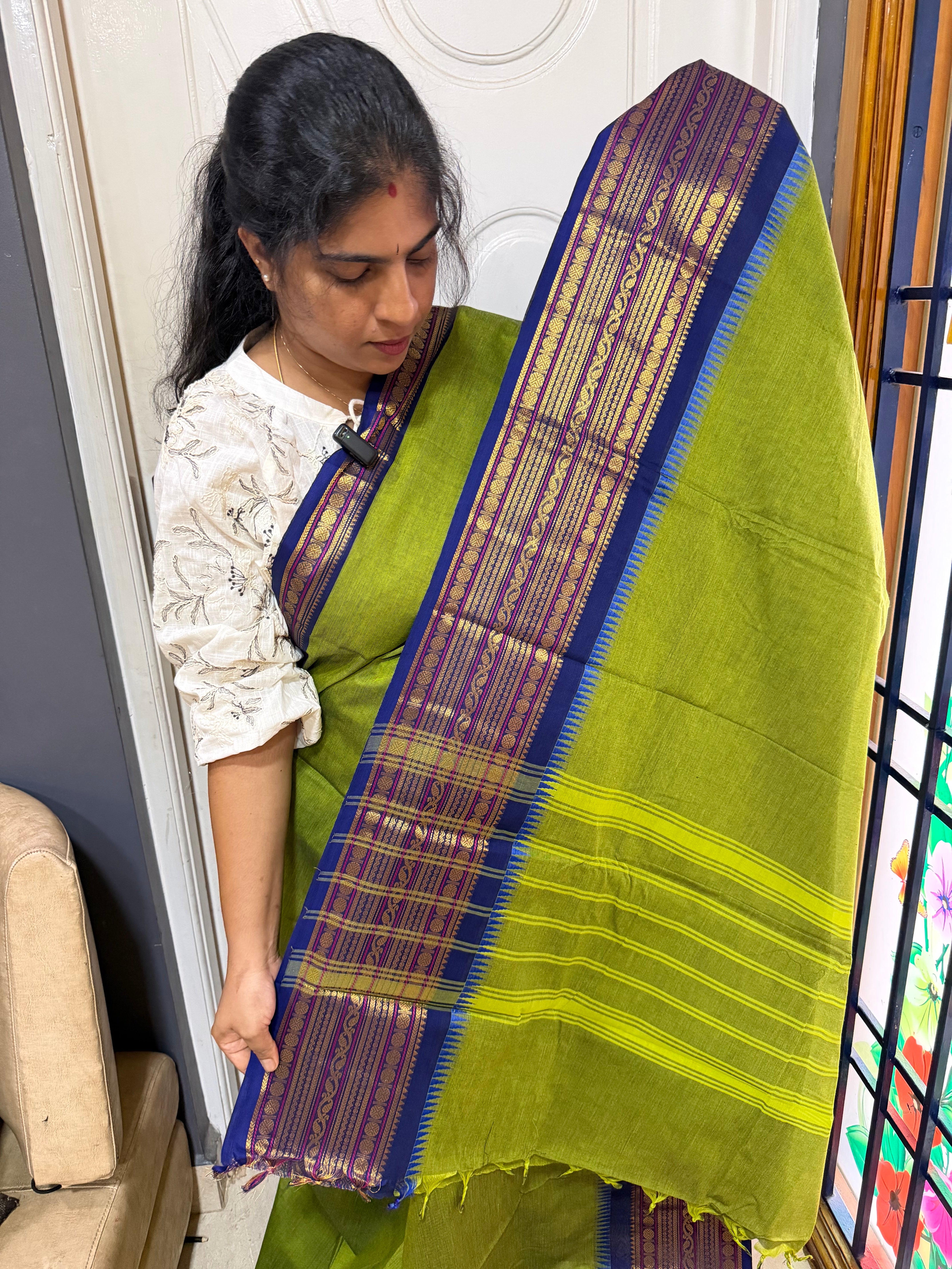 RF622 Green with royal blue combination Kanchi cotton saree