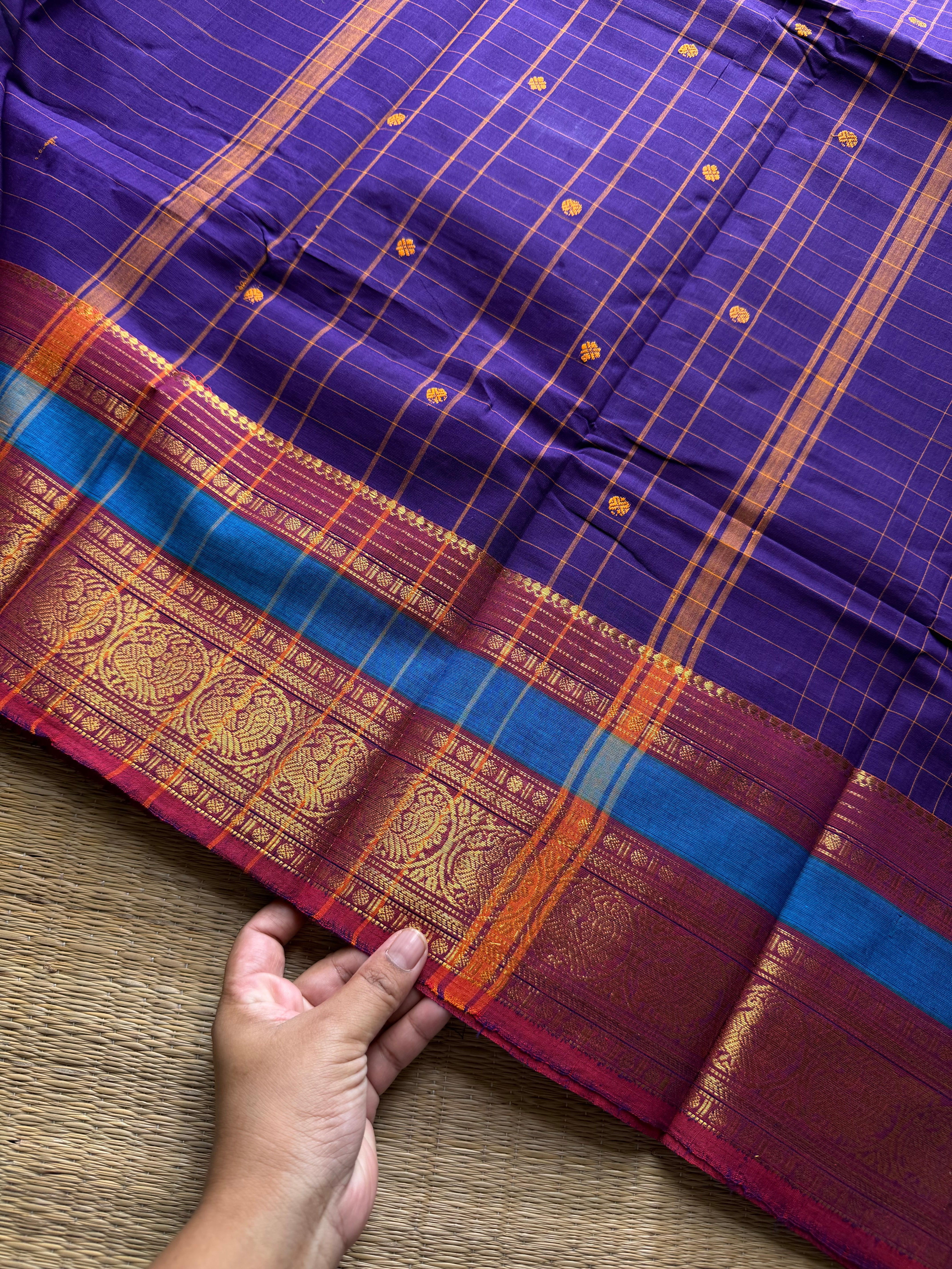 RF1239 Purple & blue mixed shade ~ vintage Kattam Kanchi cotton saree with handmade thread buttas