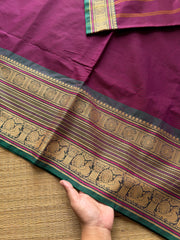 RF440 Magenta with green combination Premium & Soft Kanchi Cotton Saree with intricate horizontal stripped lines