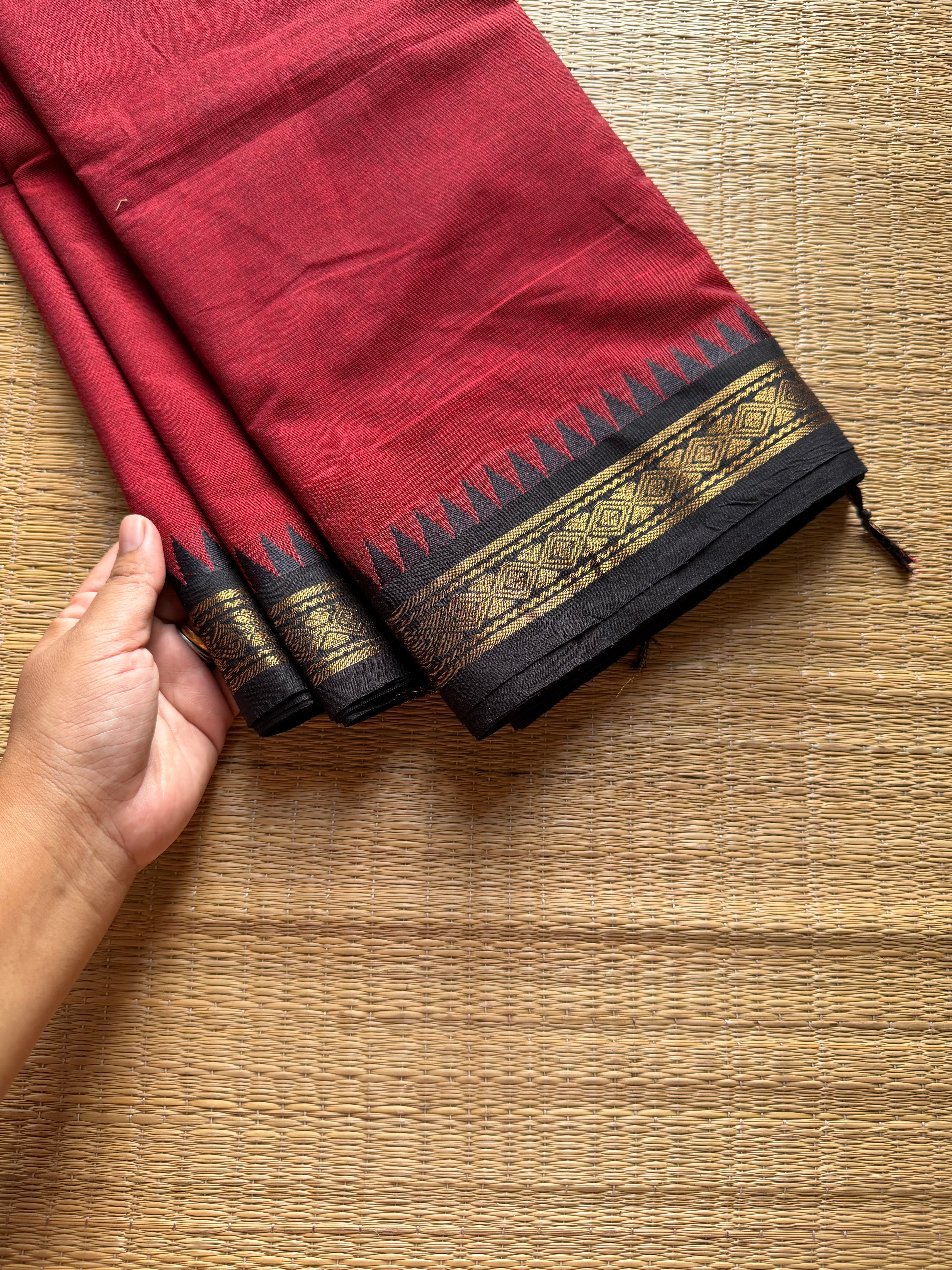 RF995 Maroon with black ~ Small border Kanchi cotton saree