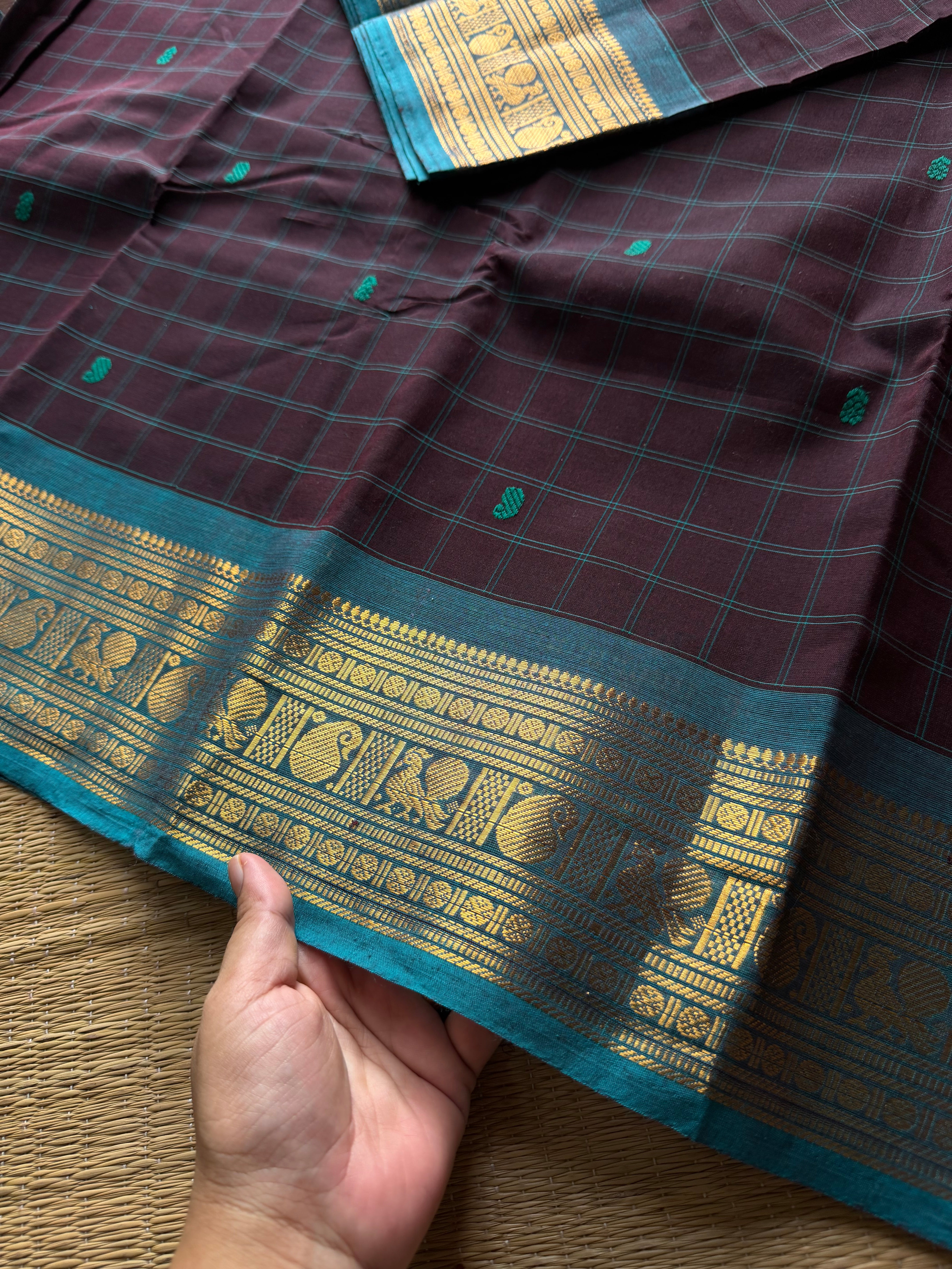 RF648 Brown with teal blue combination Kanchi Kattam / checks pattern saree with handmade thread buttas