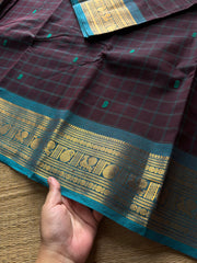 RF648 Brown with teal blue combination Kanchi Kattam / checks pattern saree with handmade thread buttas