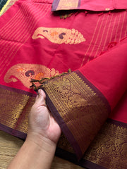 Premium Kanchi Cotton Saree : Reddish maroon with brown combination Kanchi Cotton Saree With Unique Vanasingaram Border and simple zari woven mango Motif Pallu
