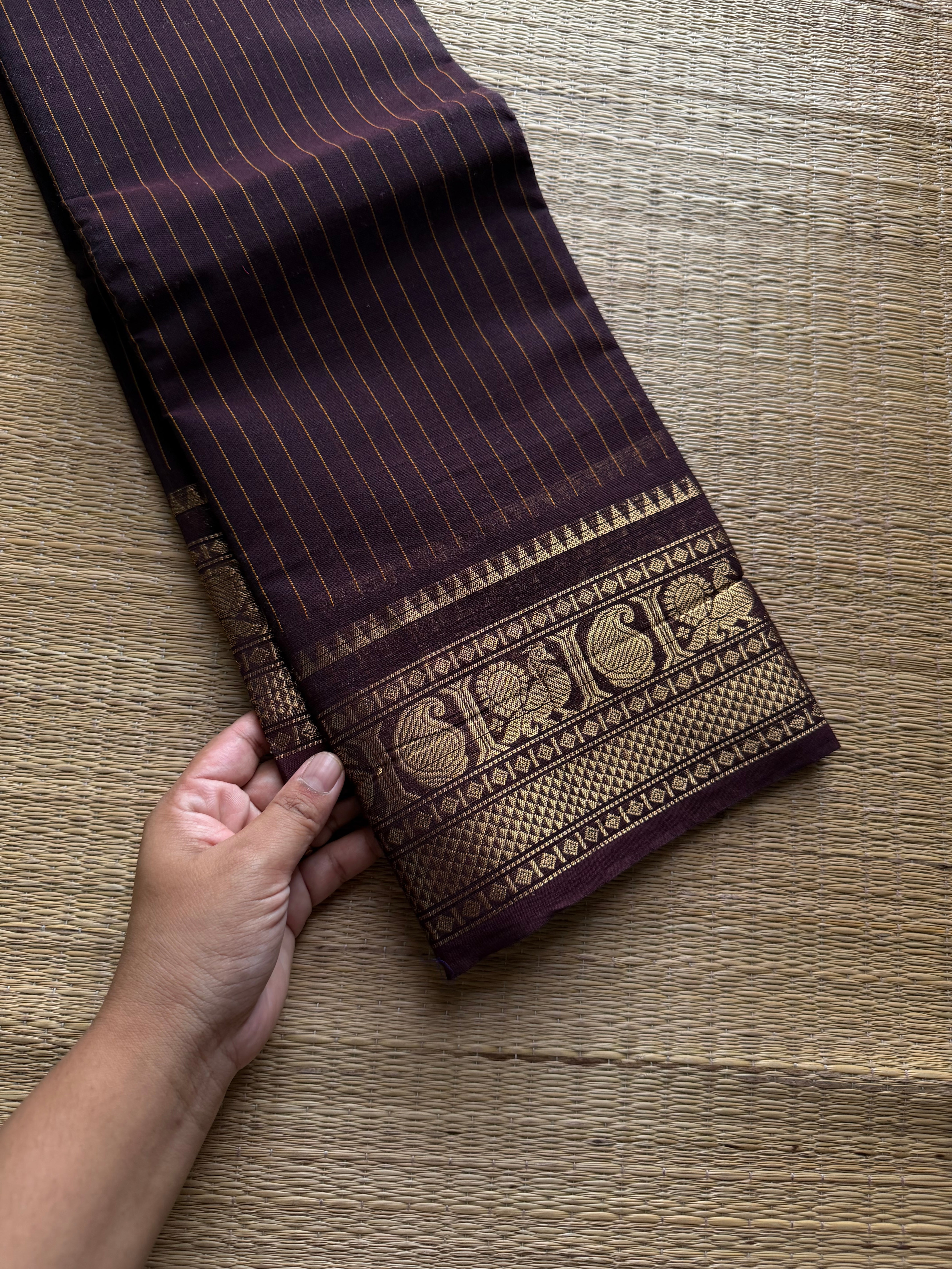 RF1258 Deep coffee brown ~ Kanchi cotton saree with stripped lines pattern