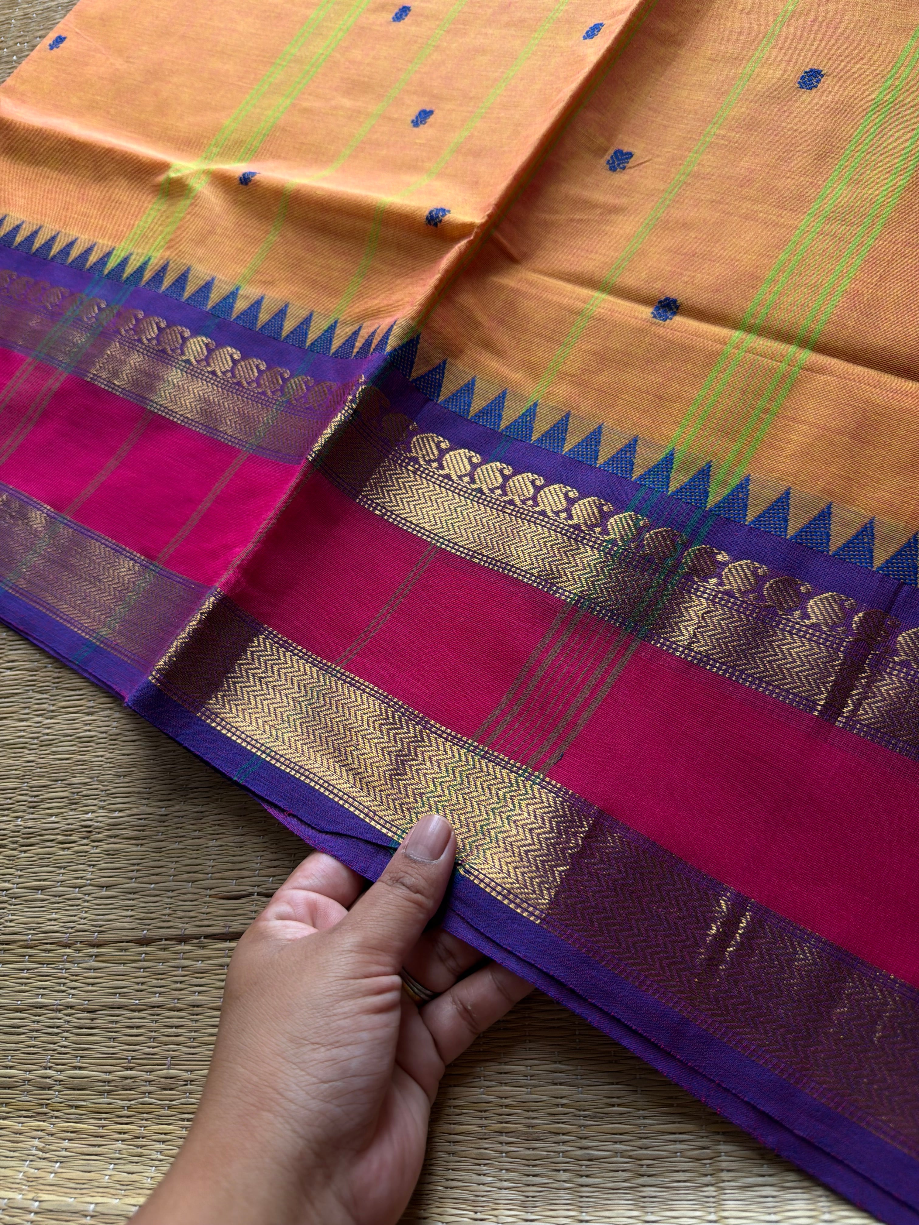 RF903 Mango shade ~ Kanchi cotton saree with handmade thread buttas