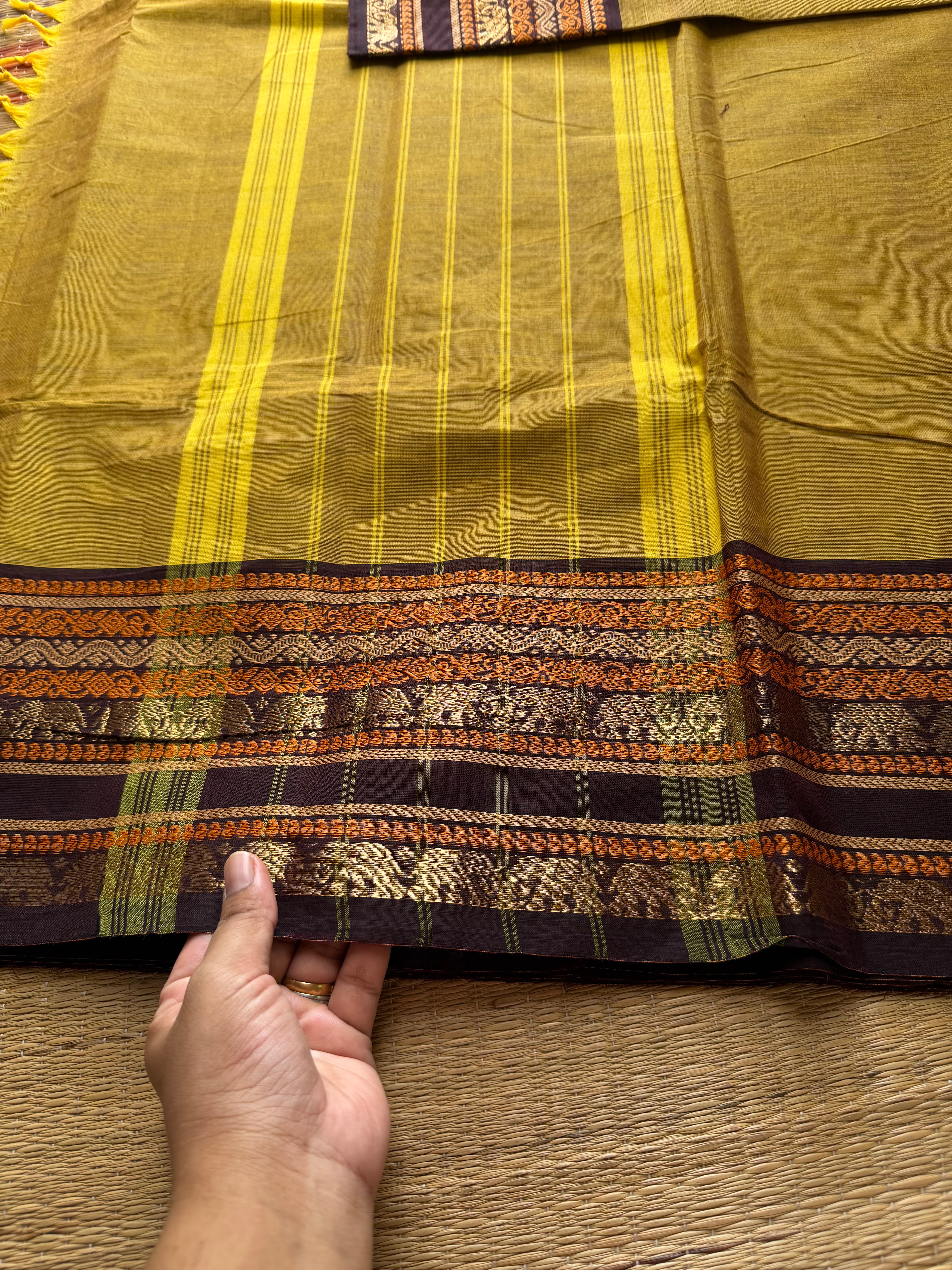Light dual tone green shade with brown combination Kanchi cotton saree with unique Varisaipet border