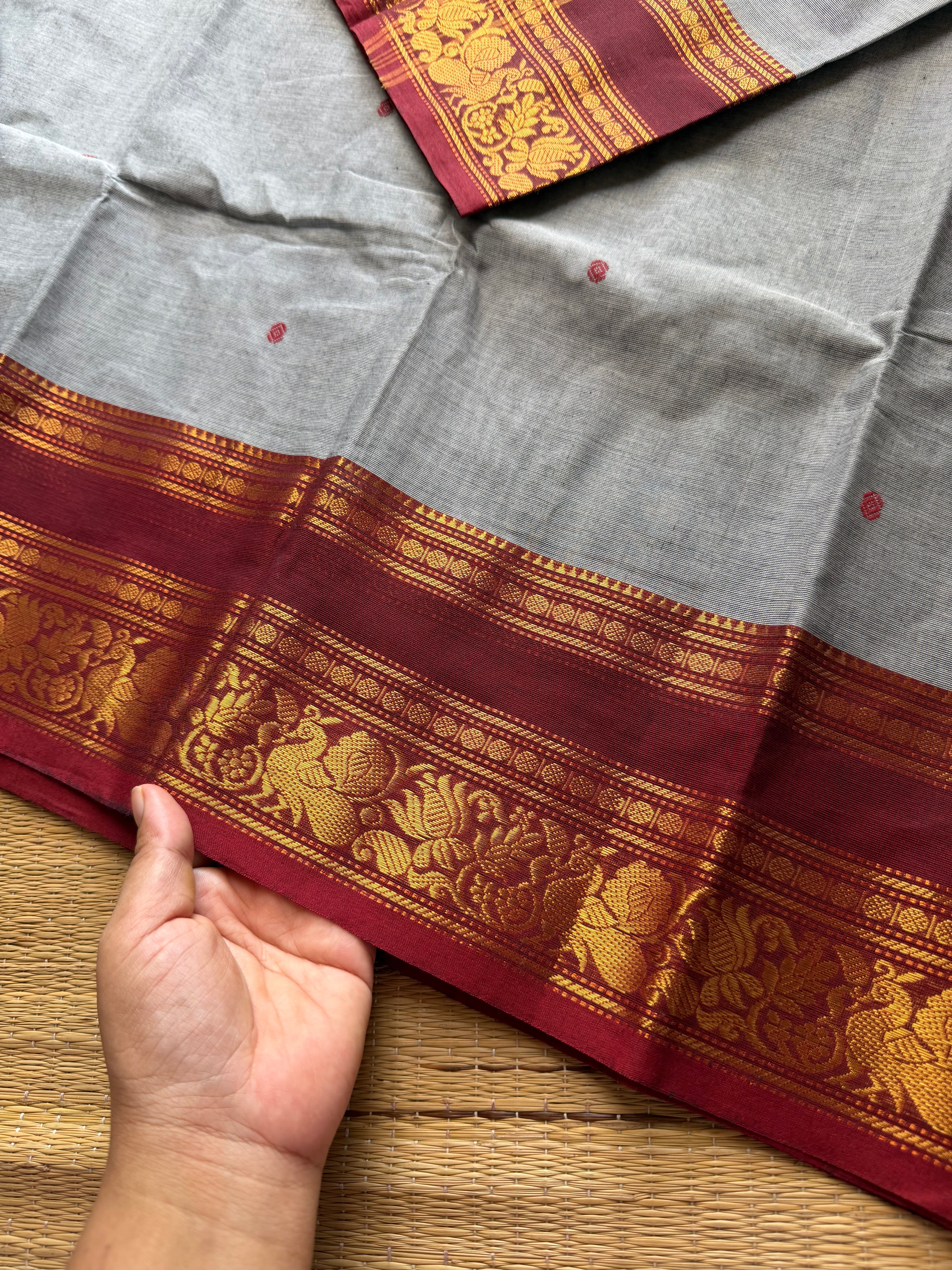 RF565 Grey with contrast maroon combination floral pattern border Kanchi cotton saree with handmade thread buttas