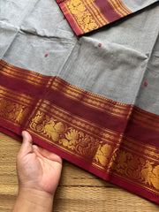 RF565 Grey with contrast maroon combination floral pattern border Kanchi cotton saree with handmade thread buttas