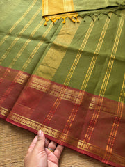 RF625 Pastel Methi Green shade Ganga Jamuna border Kanchi cotton saree with fully golden Vaira Oosi pattern