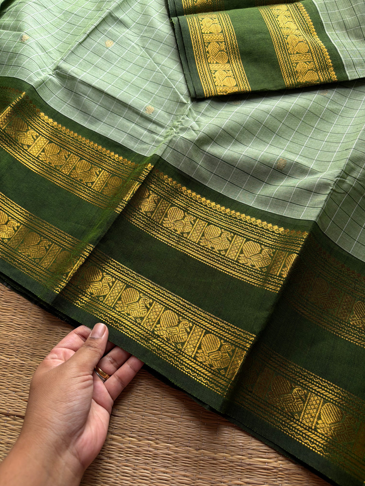 RF1338 Kattam Edition ~ Light pista green shade Kanchi cotton saree with handmade golden Zari buttas