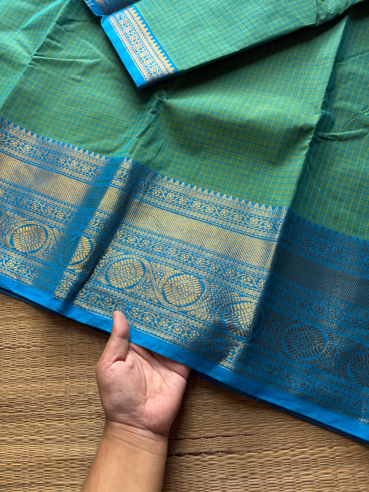 RF721 Dual tone Turquoise green shade kanchi cotton saree with checks / Kattam pattern
