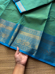 RF721 Dual tone Turquoise green shade kanchi cotton saree with checks / Kattam pattern