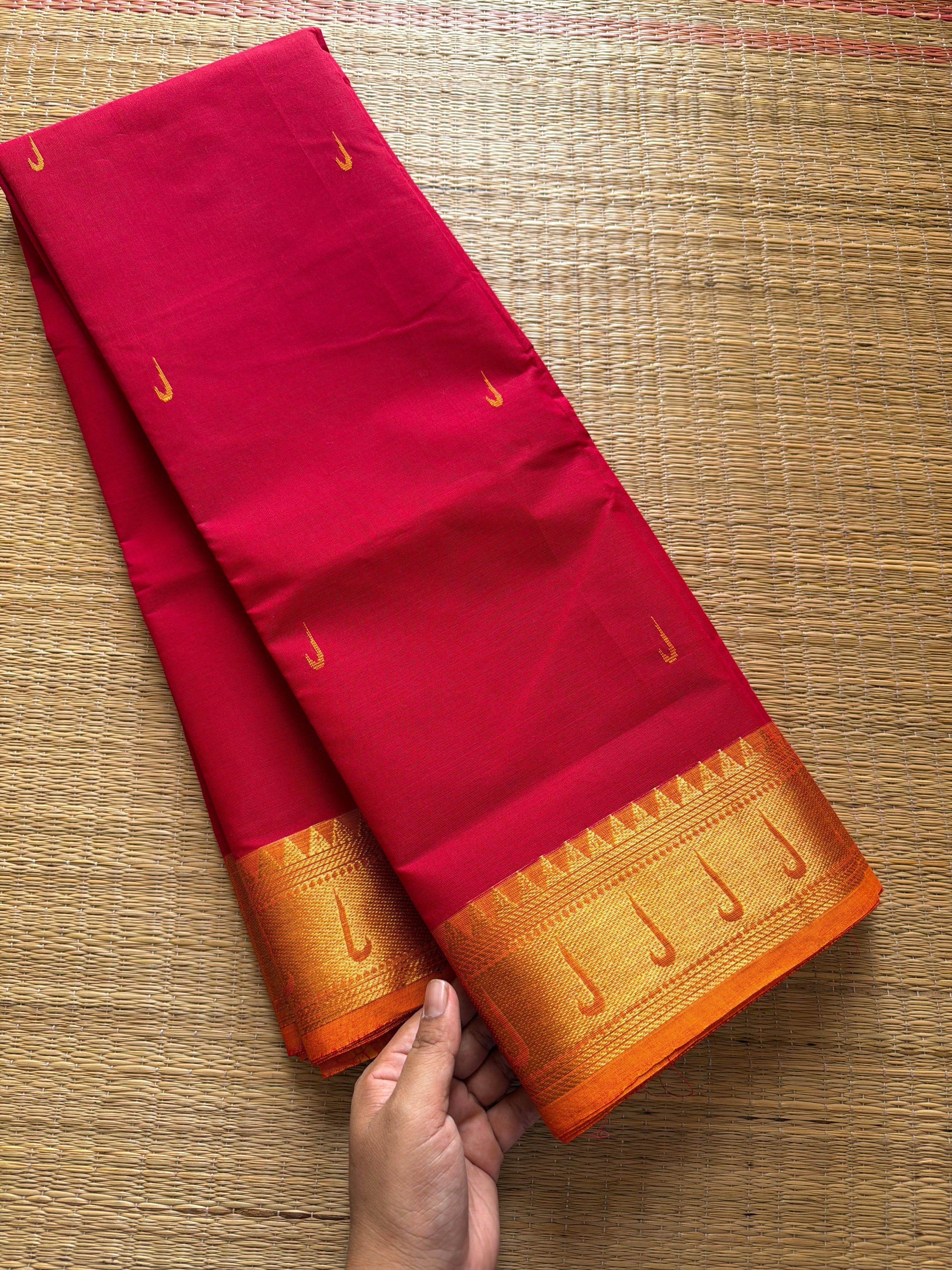RF350 Reddish Pink shade silk saree inspired paithani border Kanchi Cotton Saree with contrast orange border and handmade Buttas