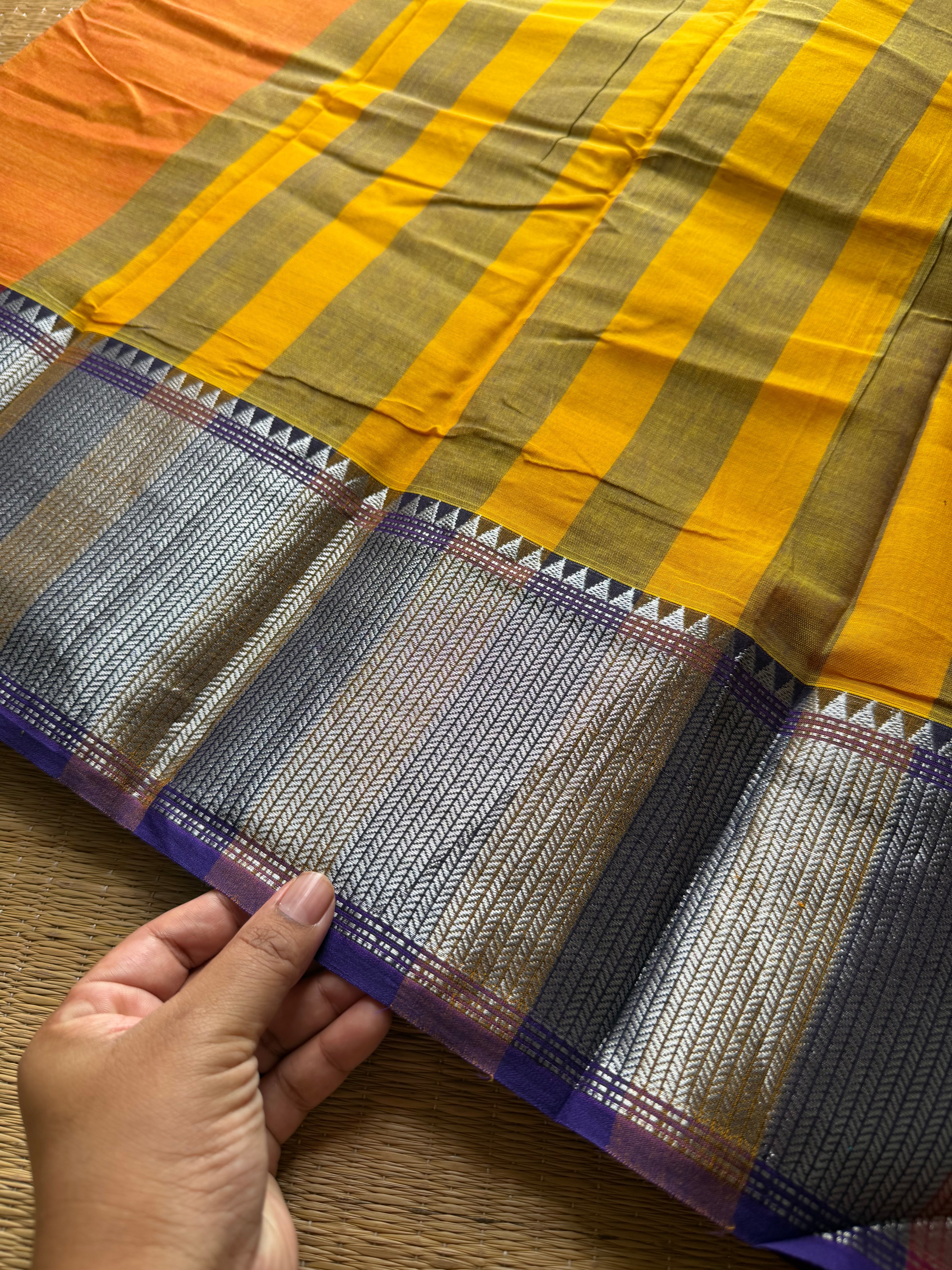 RF836 Silver Zari Mercerised Narayanpet Cotton Saree ~ Orange