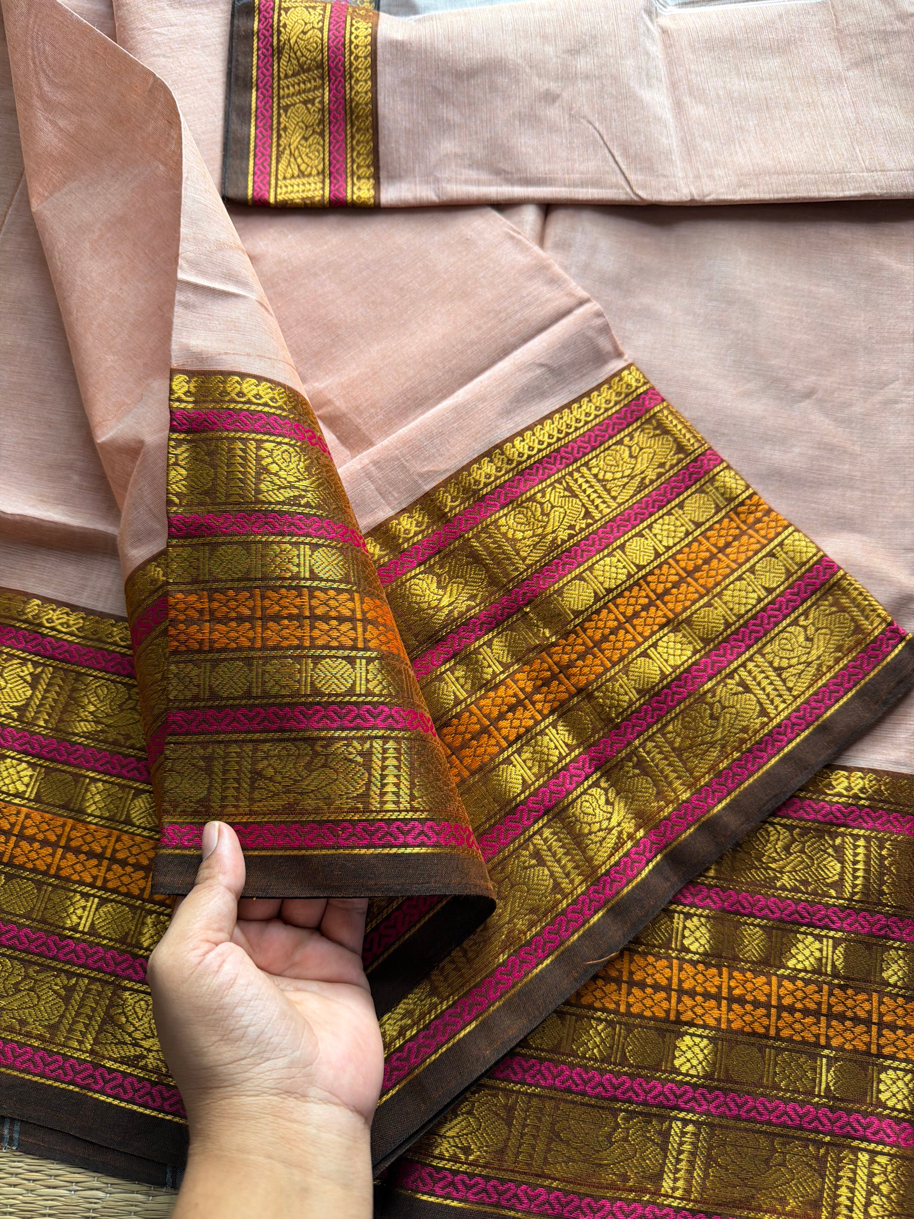 RF352 Beige shade Kanchi cotton saree with Varisaipet Annam pattern border