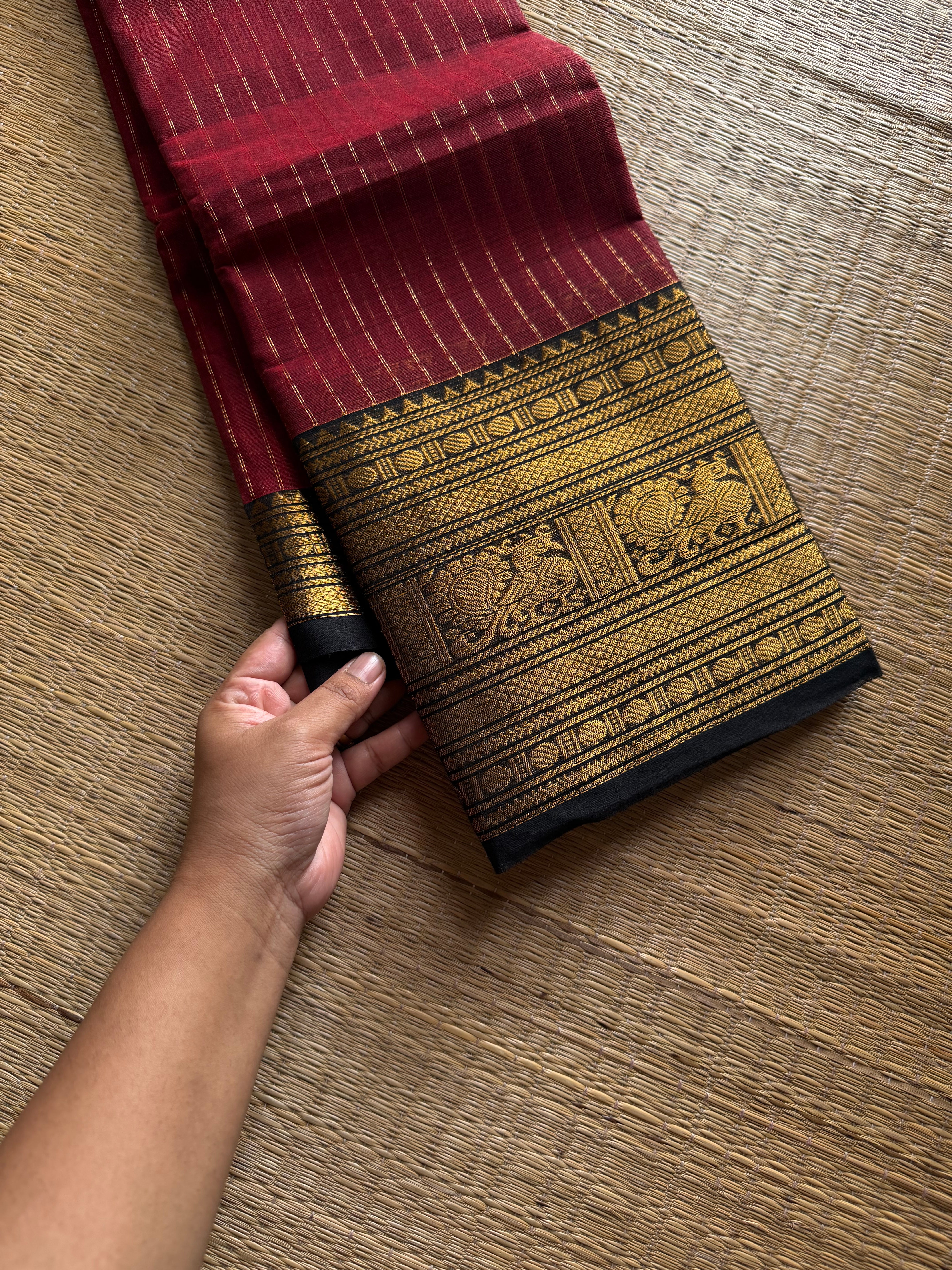 RF1167 Premium Vaira Oosi Pattern Kanchi cotton saree ~ Reddish maroon with black