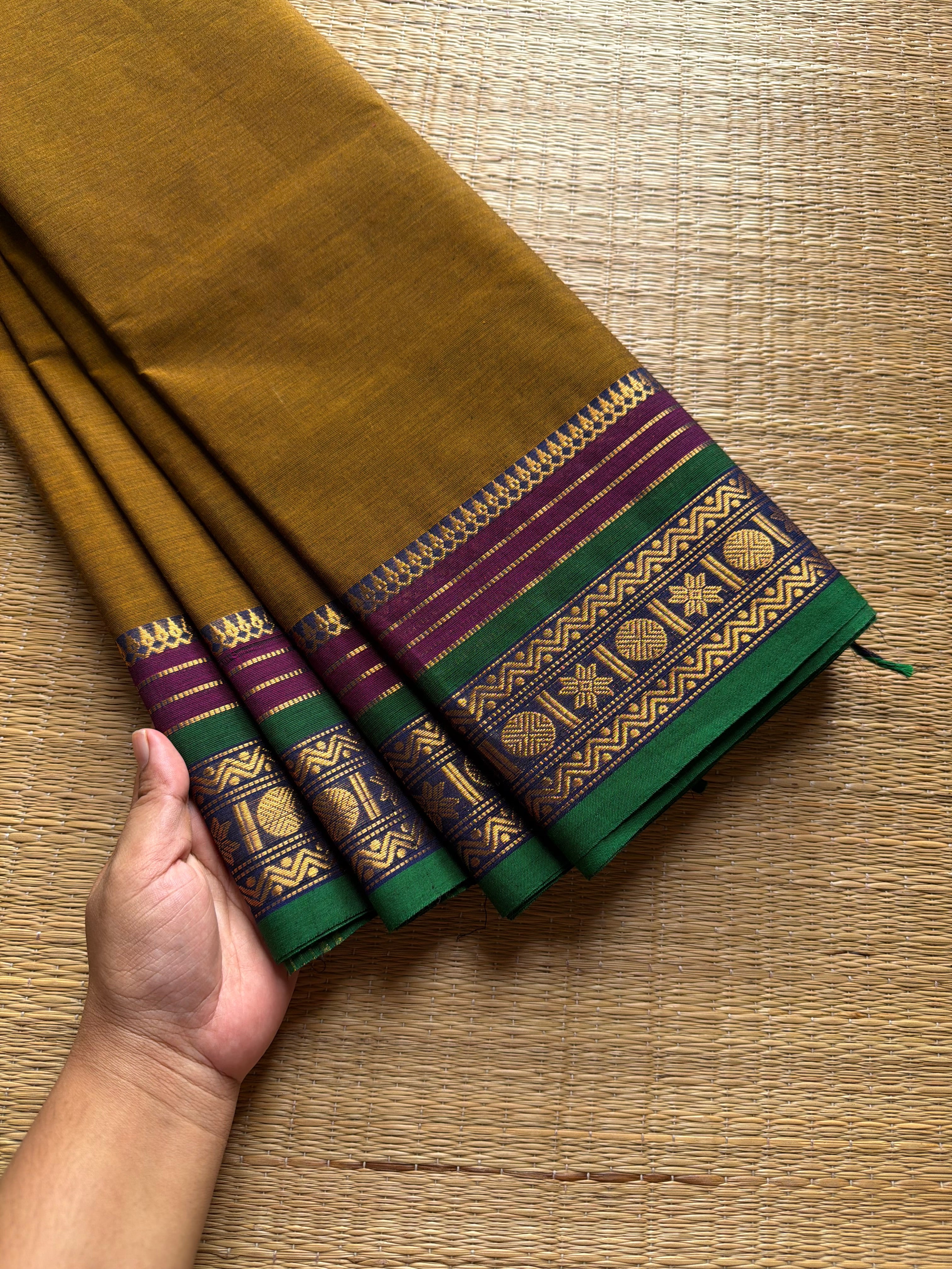 RF692 Dual tone honey shade ~ Silk Saree Inspired Kanchi Cotton saree multi color border