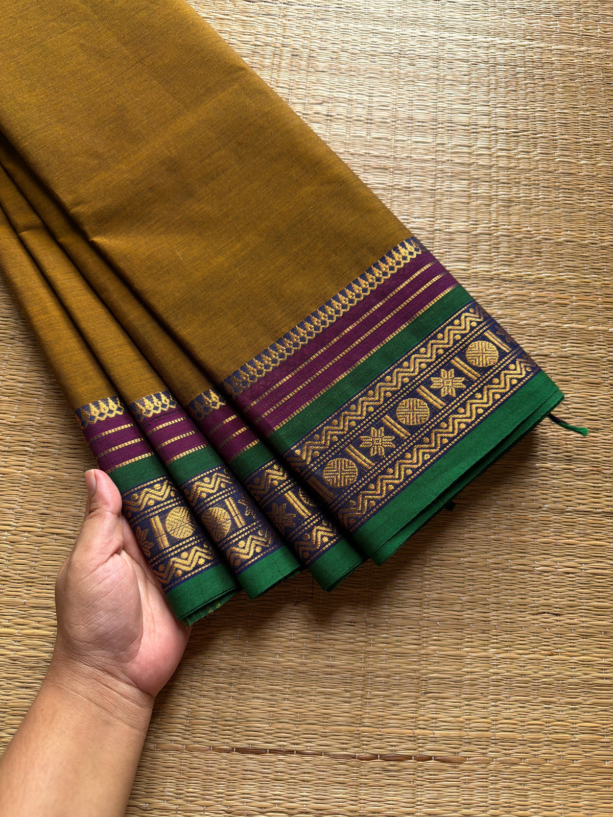 RF692 Dual tone honey shade ~ Silk Saree Inspired Kanchi Cotton saree multi color border