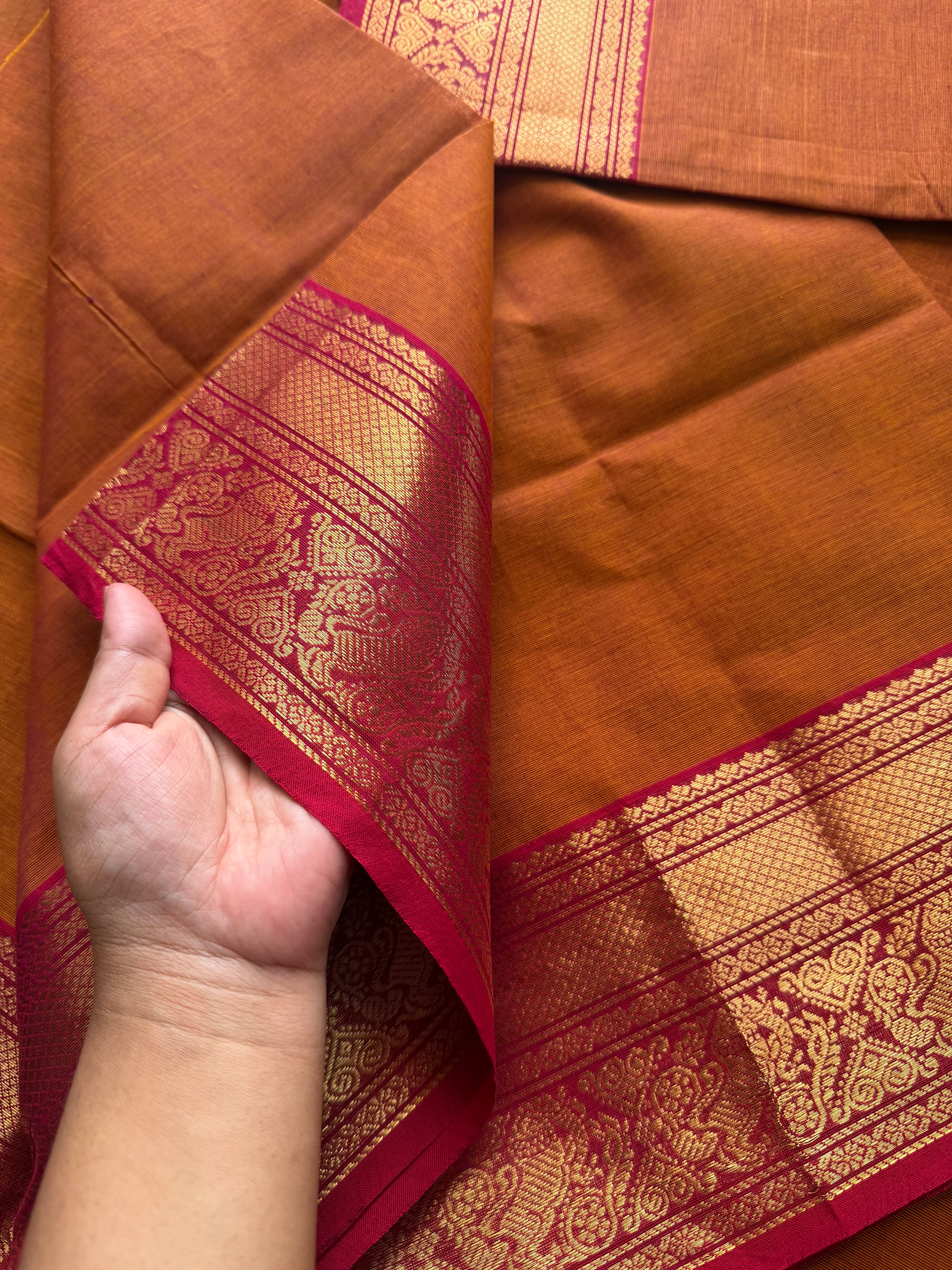 RF111 Rust Orange shade with contrast maroon combination Vintage Silk Saree inspired Kanchi cotton saree
