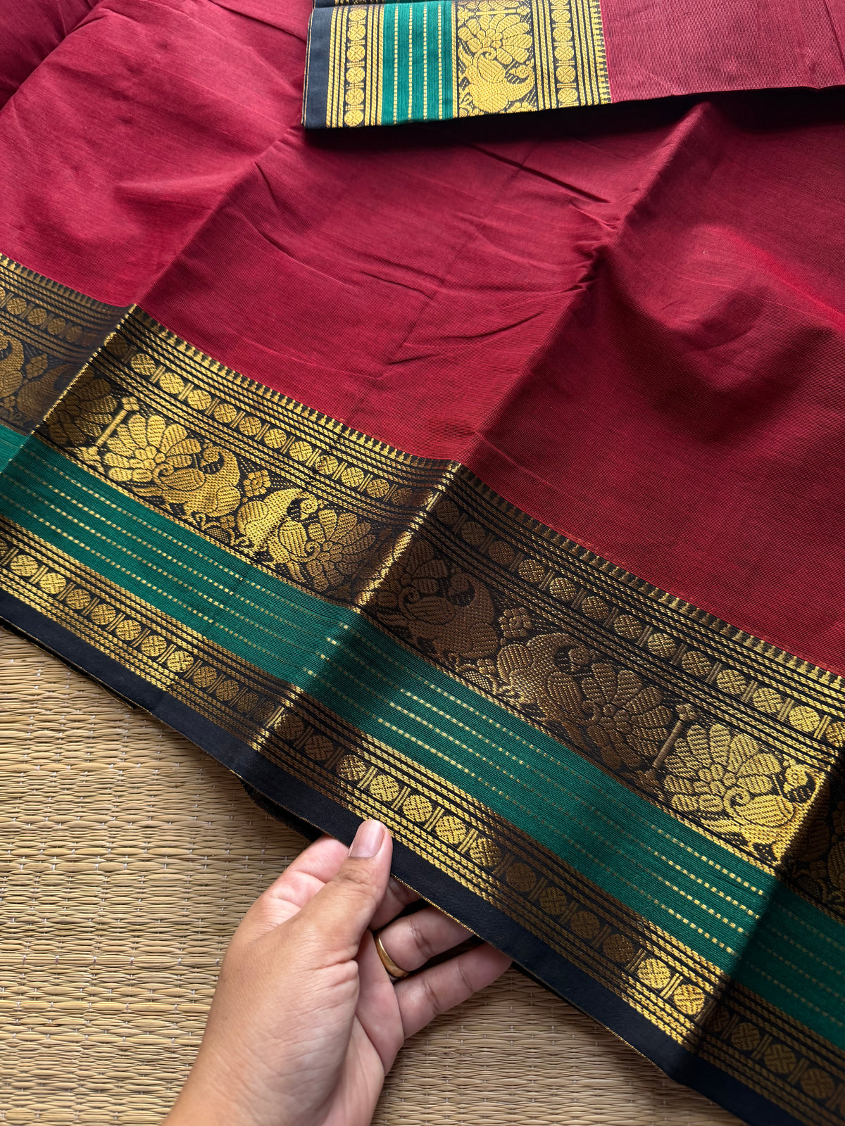 RF1017 Maroon with green ~ Silk Saree Inspired Kanchi Cotton Saree