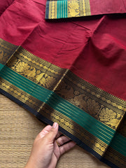 RF1017 Maroon with green ~ Silk Saree Inspired Kanchi Cotton Saree