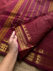 RF1386 Monotone Deep Maroon ~ Small border Kanchi cotton saree with thread weaving stripped lines pattern