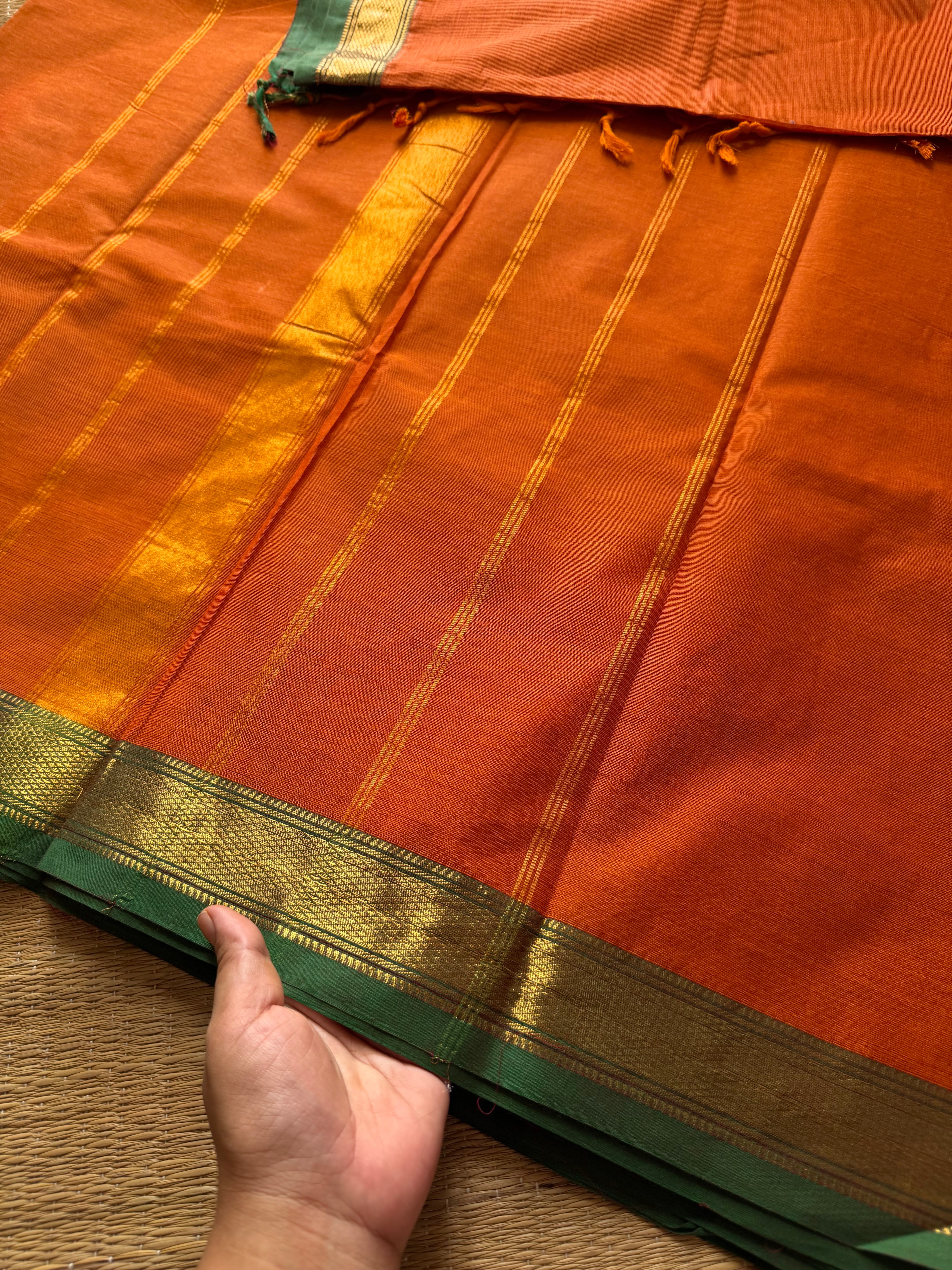 RF434 Orange with green combination small border Kanchi cotton saree