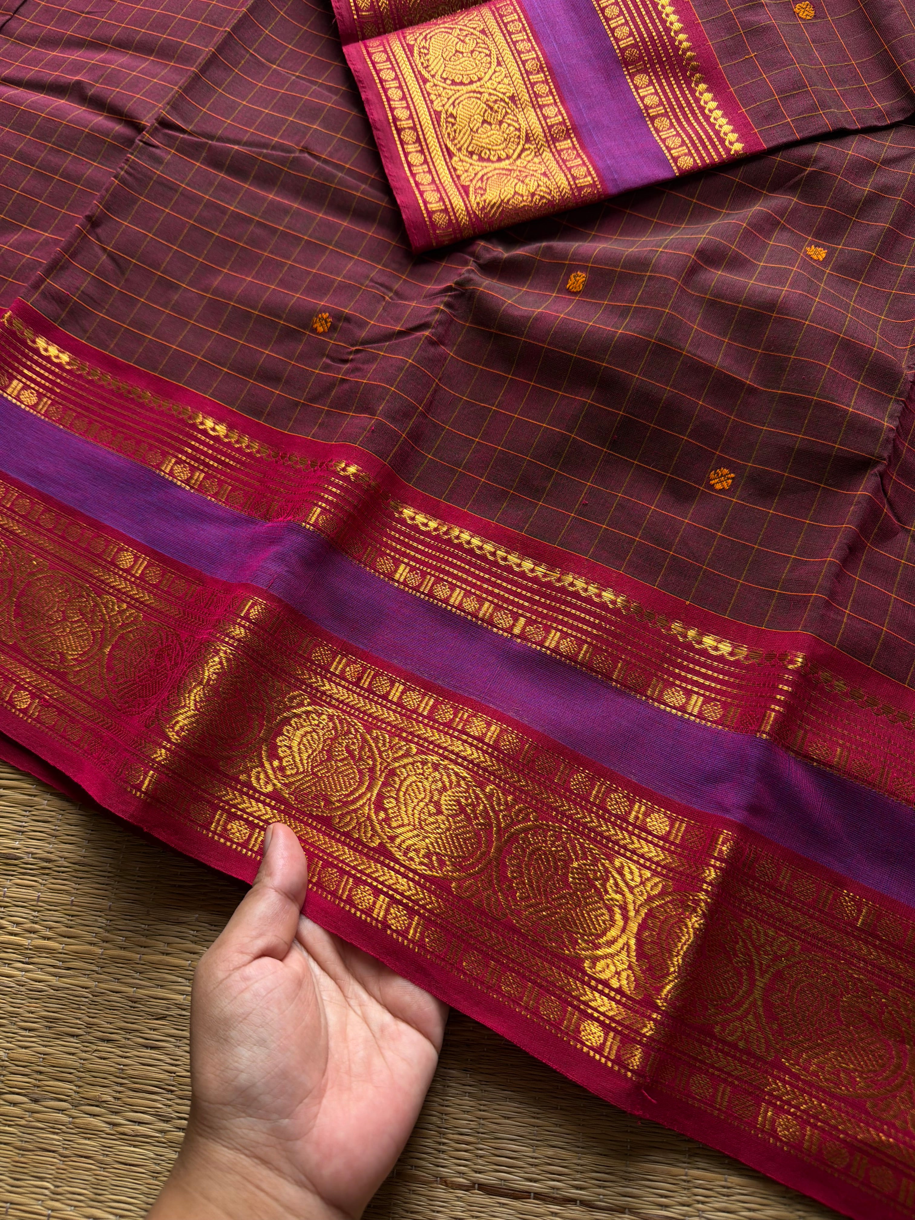 RF1349 Kattam Edition ~ Dual Arakku shade Kanchi cotton saree with handmade thread buttas