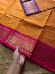 Dark Mango shade with contrast purple & pink combo Ganga Jamuna border Kanchi cotton saree with handmade thread buttas