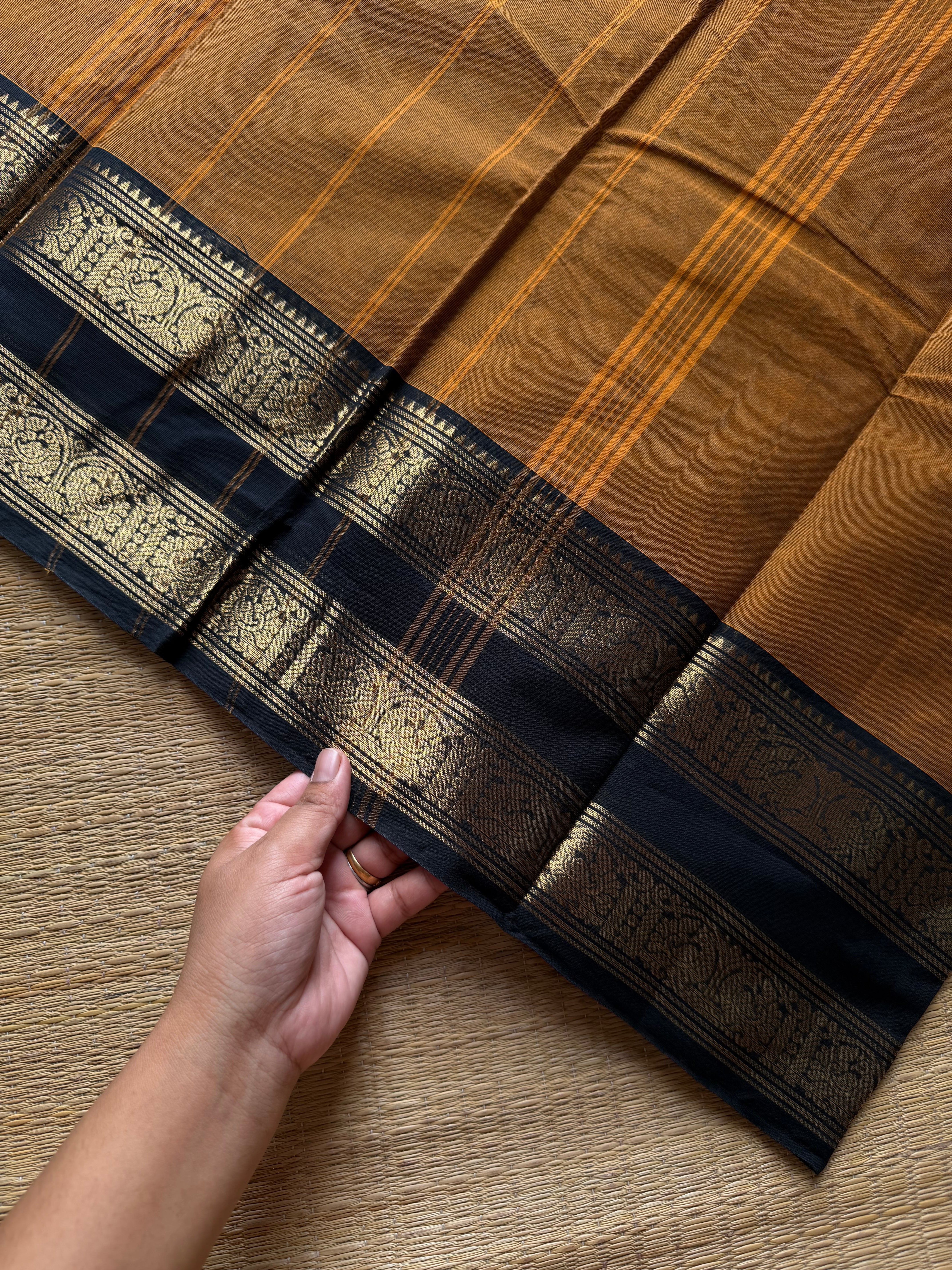 RF1064 Mustard with black Kanchi cotton saree with gap border