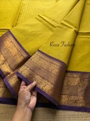 Yellow with Purple shade Premium Kanchi Cotton saree With Vaira Oosi pattern and intricate Rich Zari woven Pallu