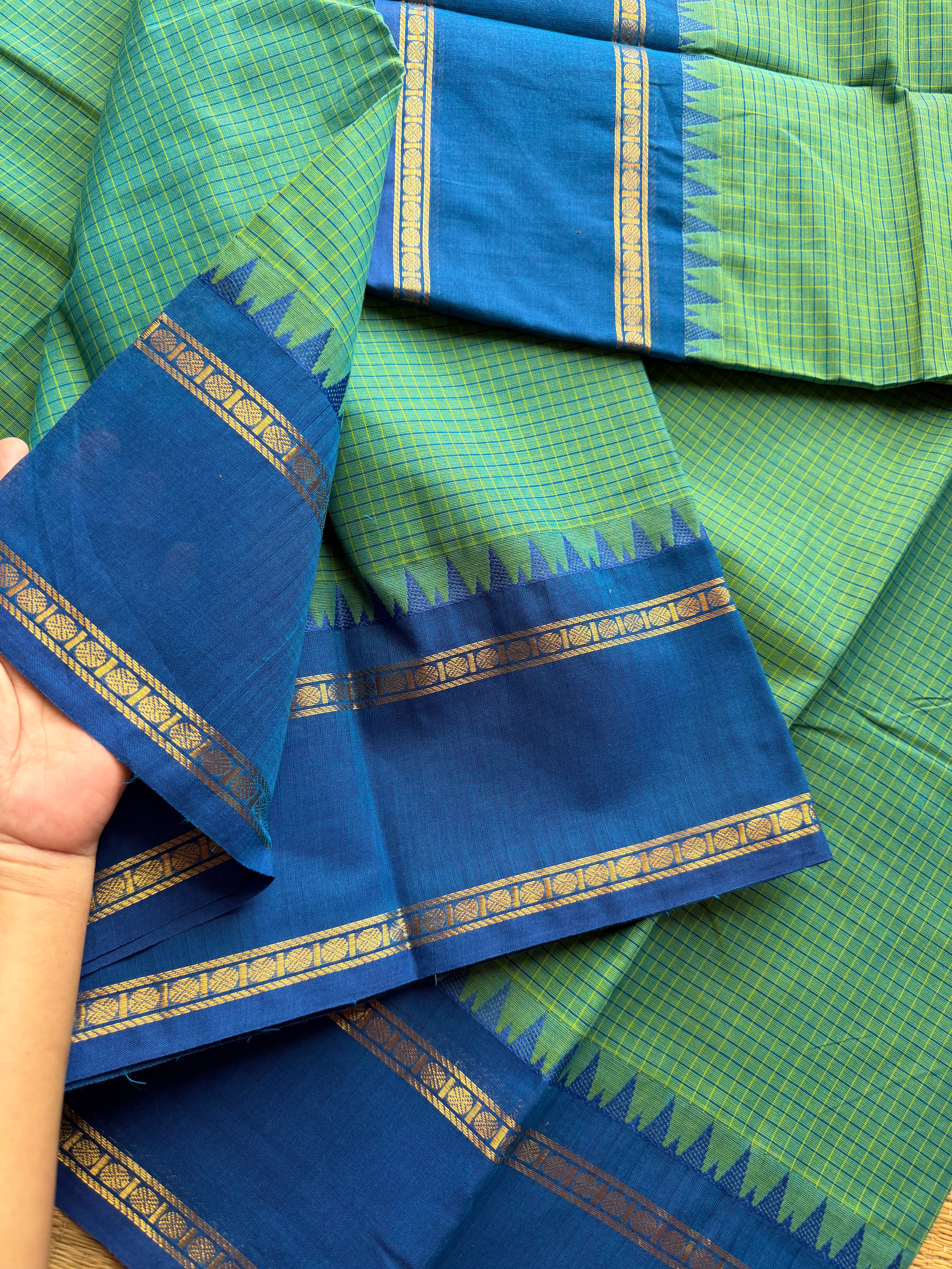RF400 Dual tone sea green with contrast royal blue combination PodiKattam Kanchi Cotton saree with vintage Rettapet border
