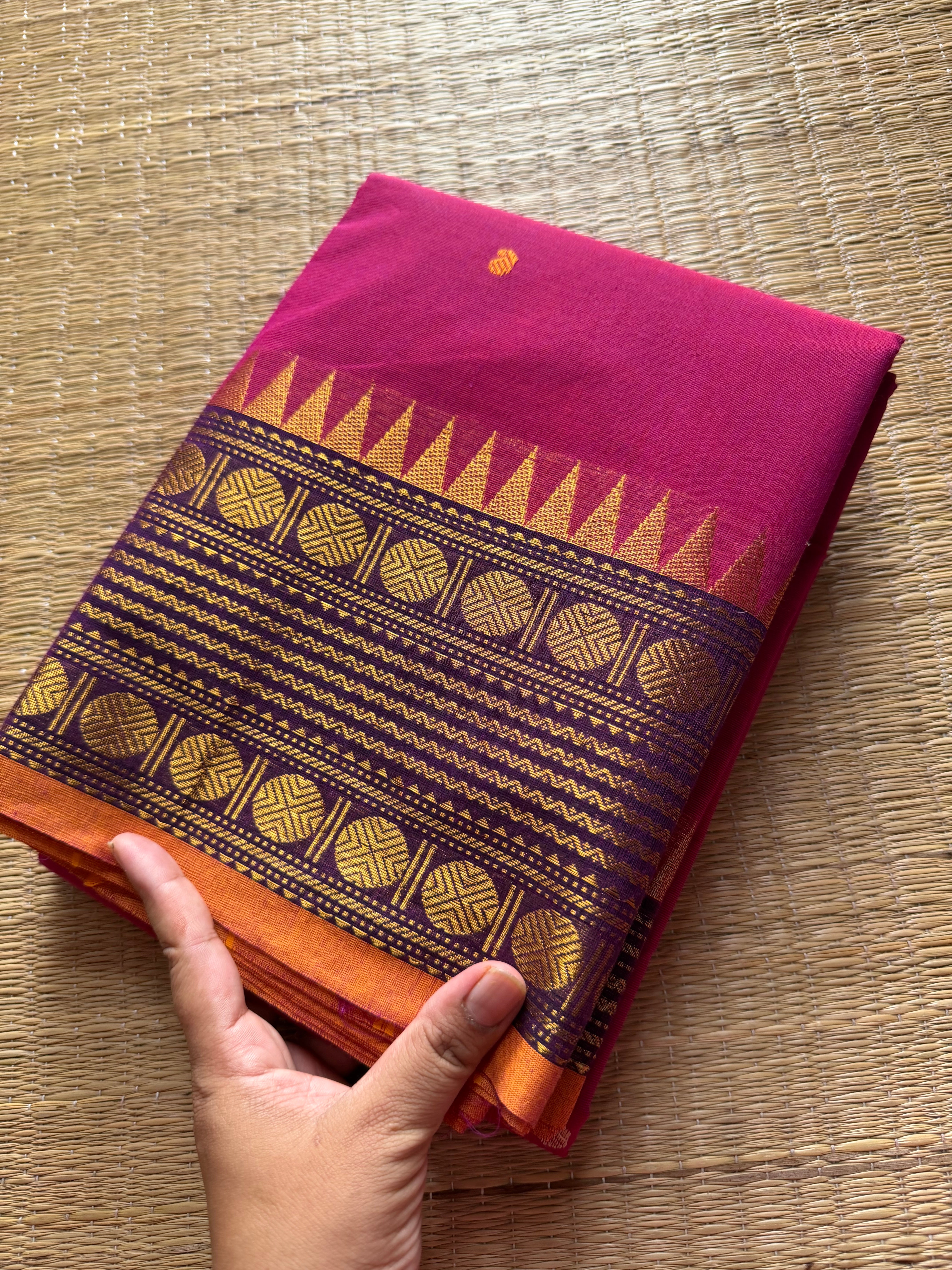 RF378 Magenta pink shade Kanchi cotton saree with unique border and handmade thread buttas