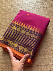 RF378 Magenta pink shade Kanchi cotton saree with unique border and handmade thread buttas
