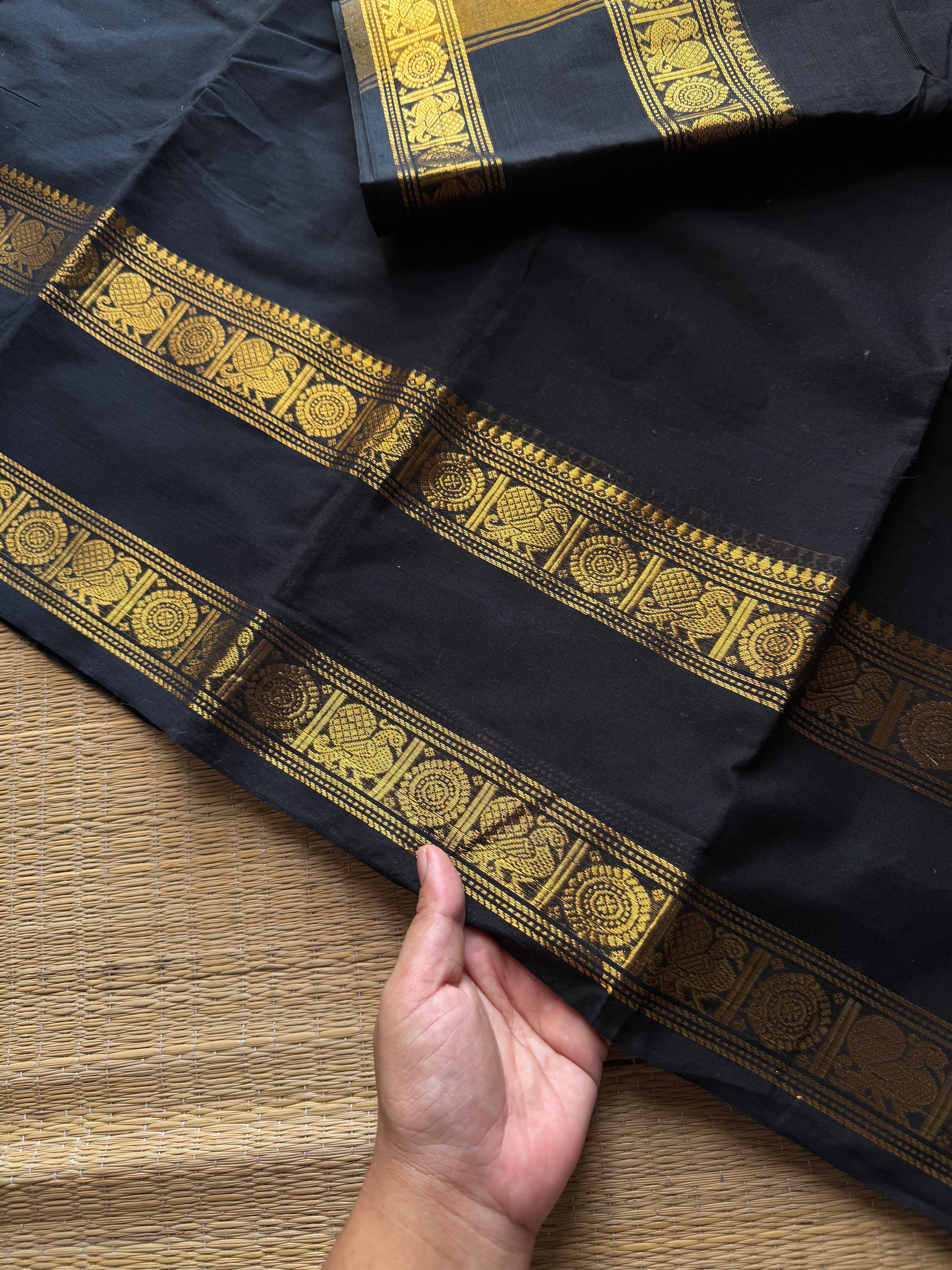 RF717 Monotone black Kanchi cotton saree with Annam pattern gap border