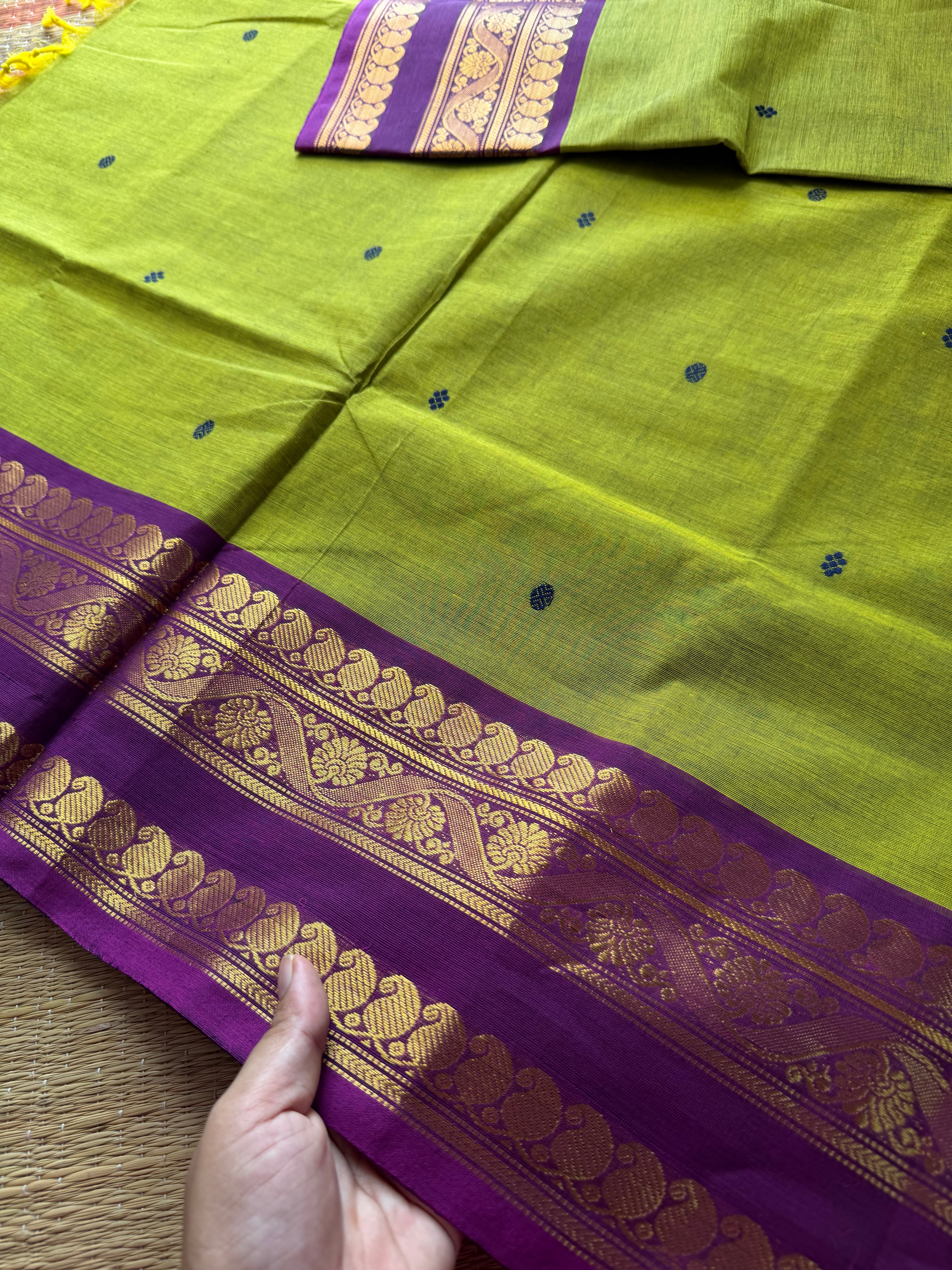 RF369 Green with contrast purple combination mango and floral pattern border Kanchi cotton saree with handmade thread buttas