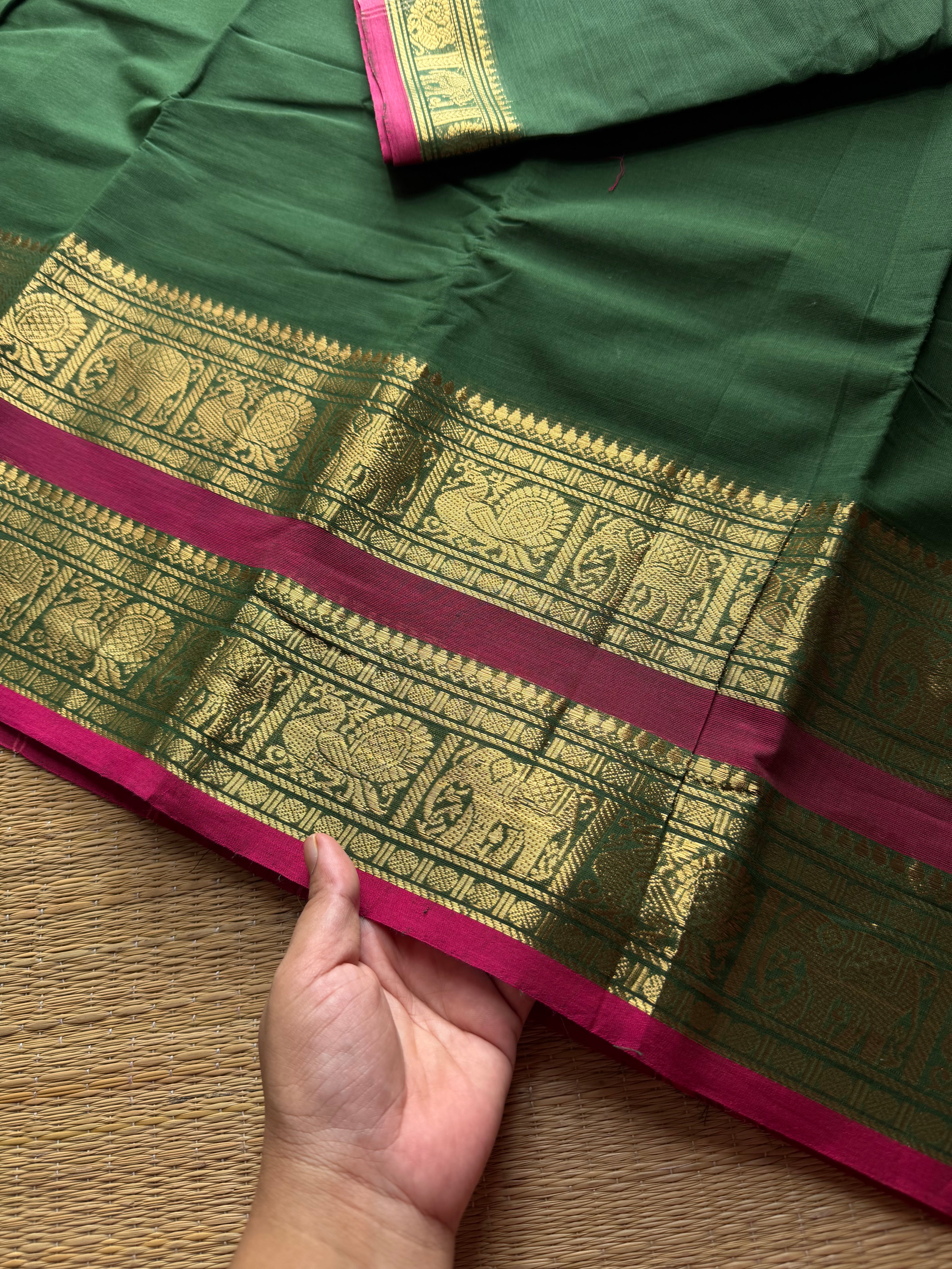 RF603 Green shade Kanchi cotton saree with contrast Rettapet border