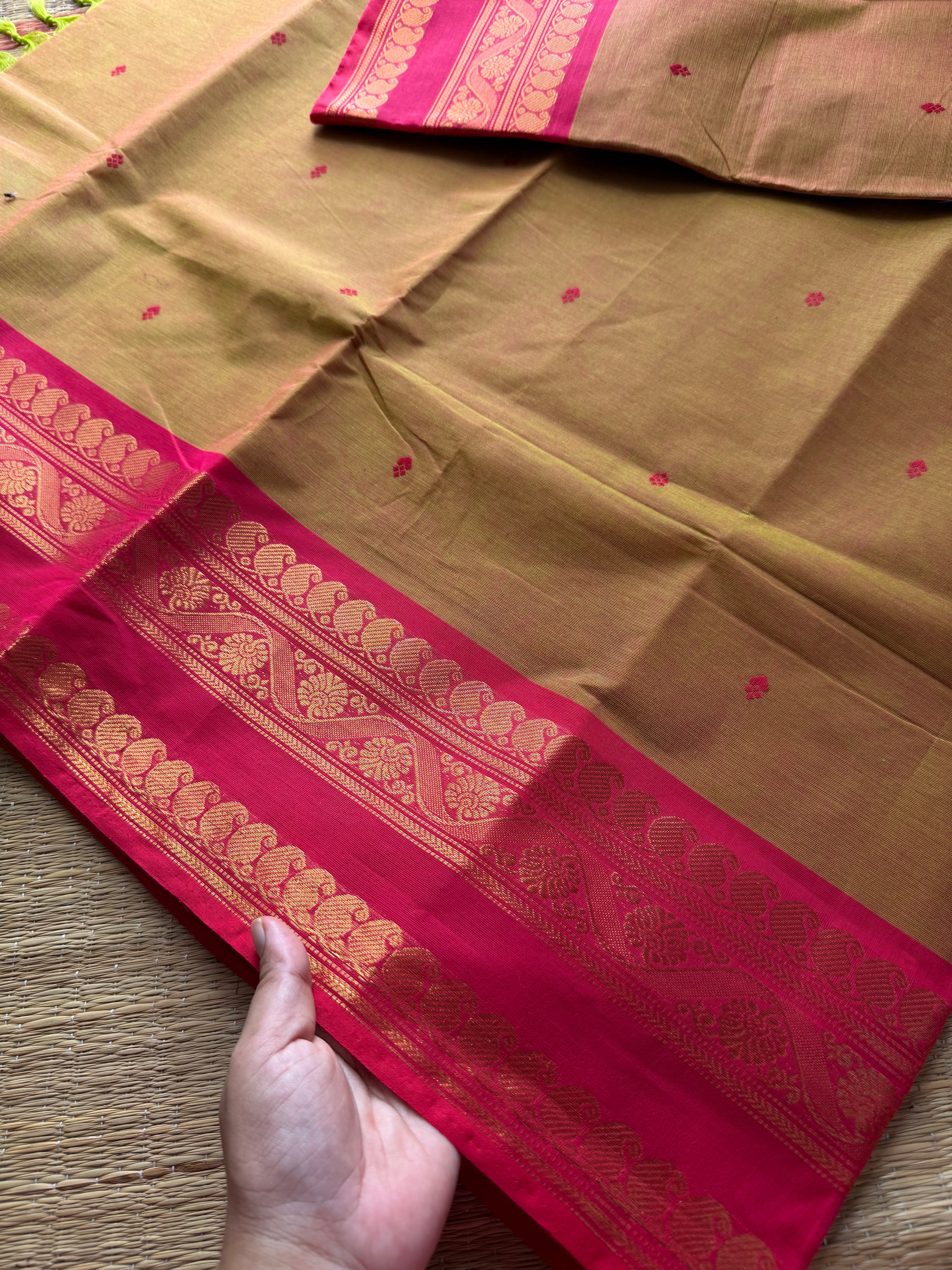 RF370 Dual shade yellow with contrast pink mango and floral pattern border kanchi cotton saree and handmade thread buttas
