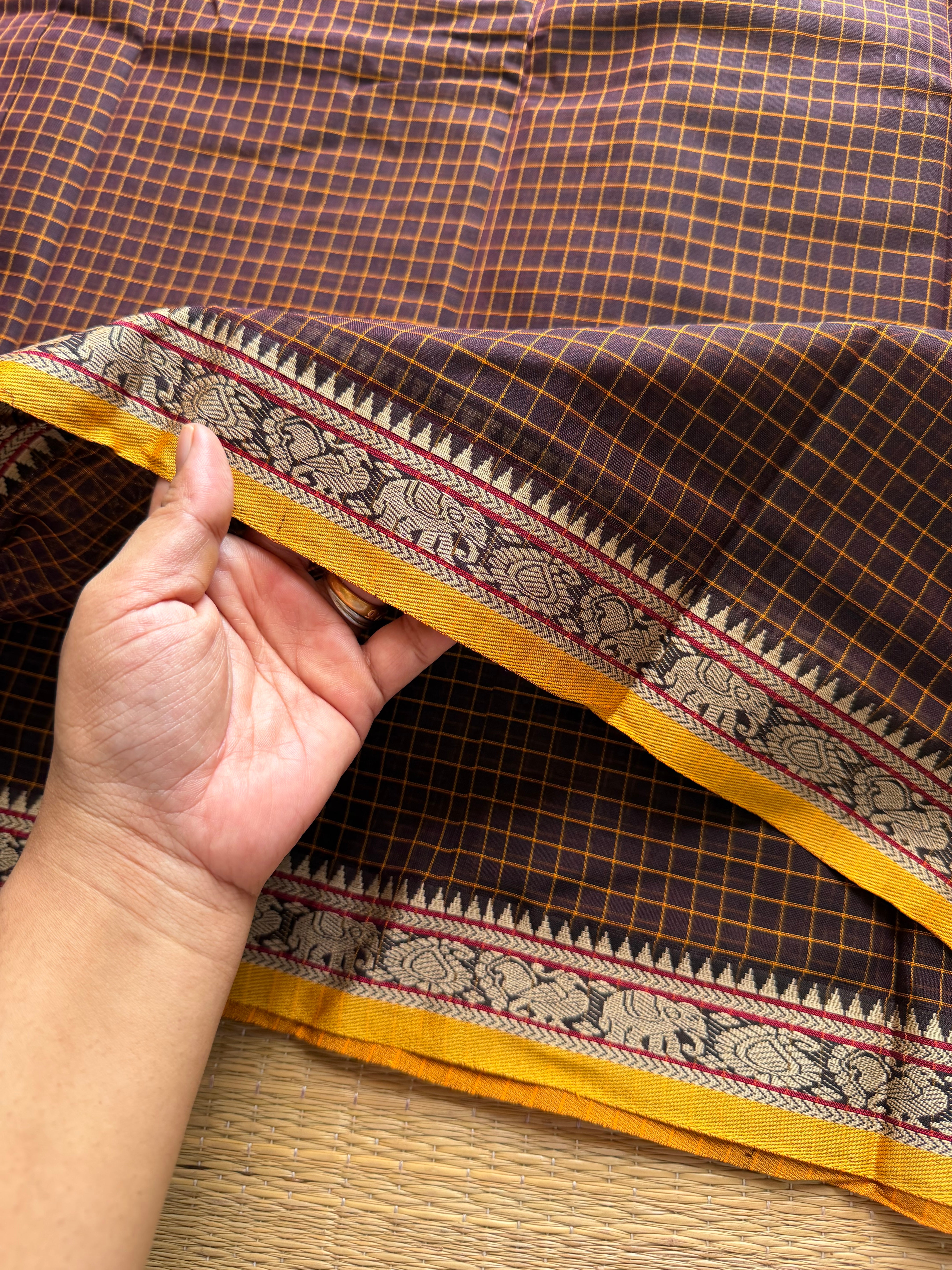 Brown shade Mercerised Narayanpet cotton saree with small border & Kattam / checks pattern saree