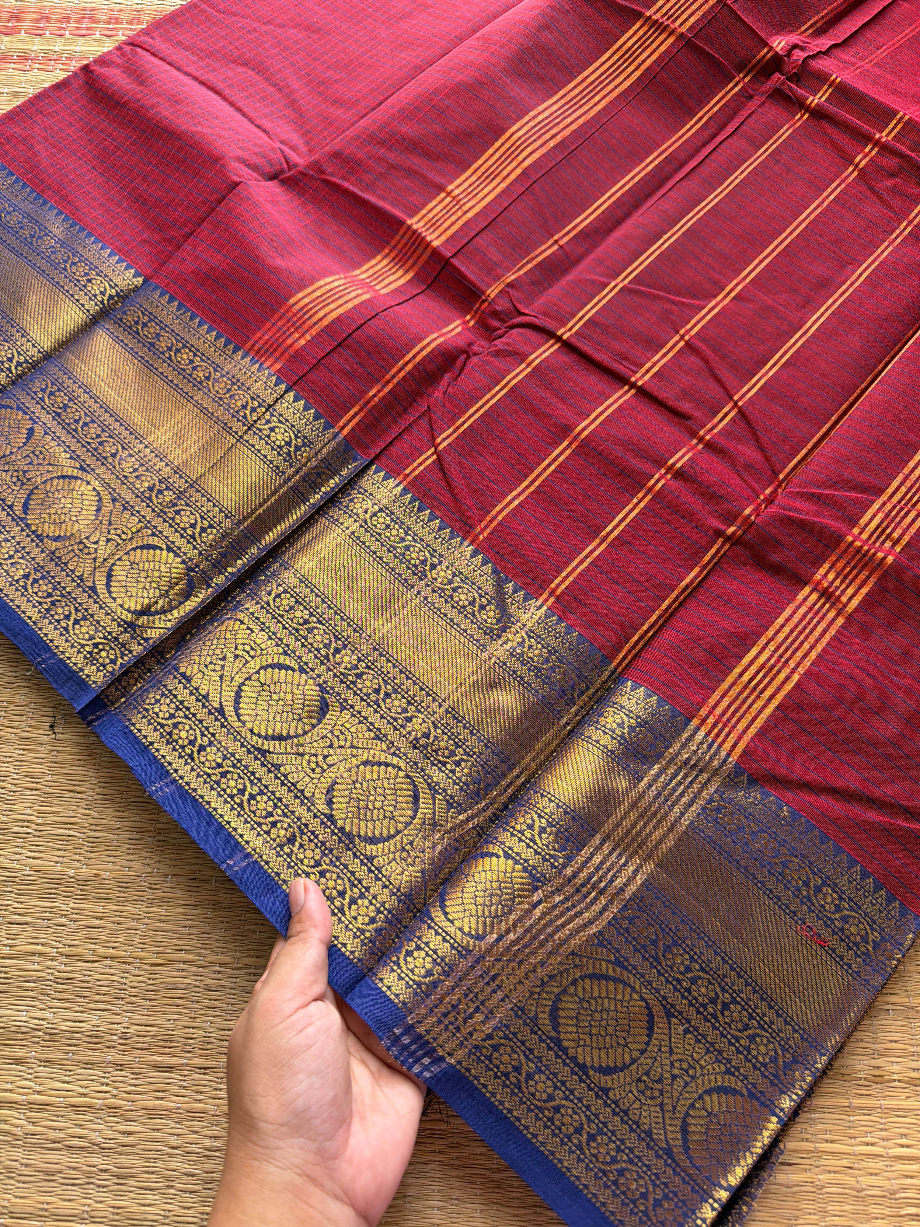 Magenta pink with royal blue combination checks / Kattam pattern Kanchi cotton saree