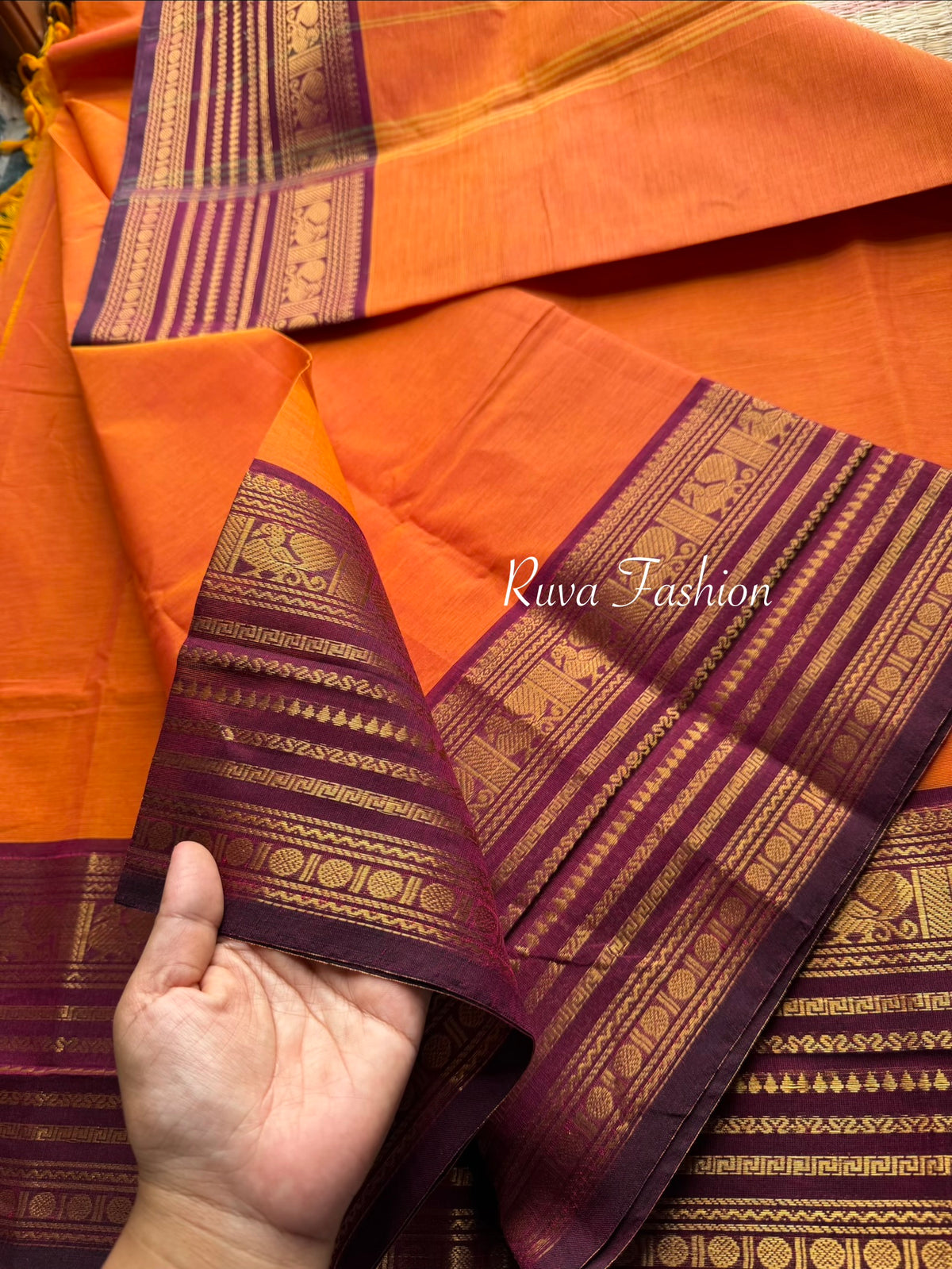 RF77 Dark orange Shade with contrast purple Varisaipet border Kanchi cotton saree