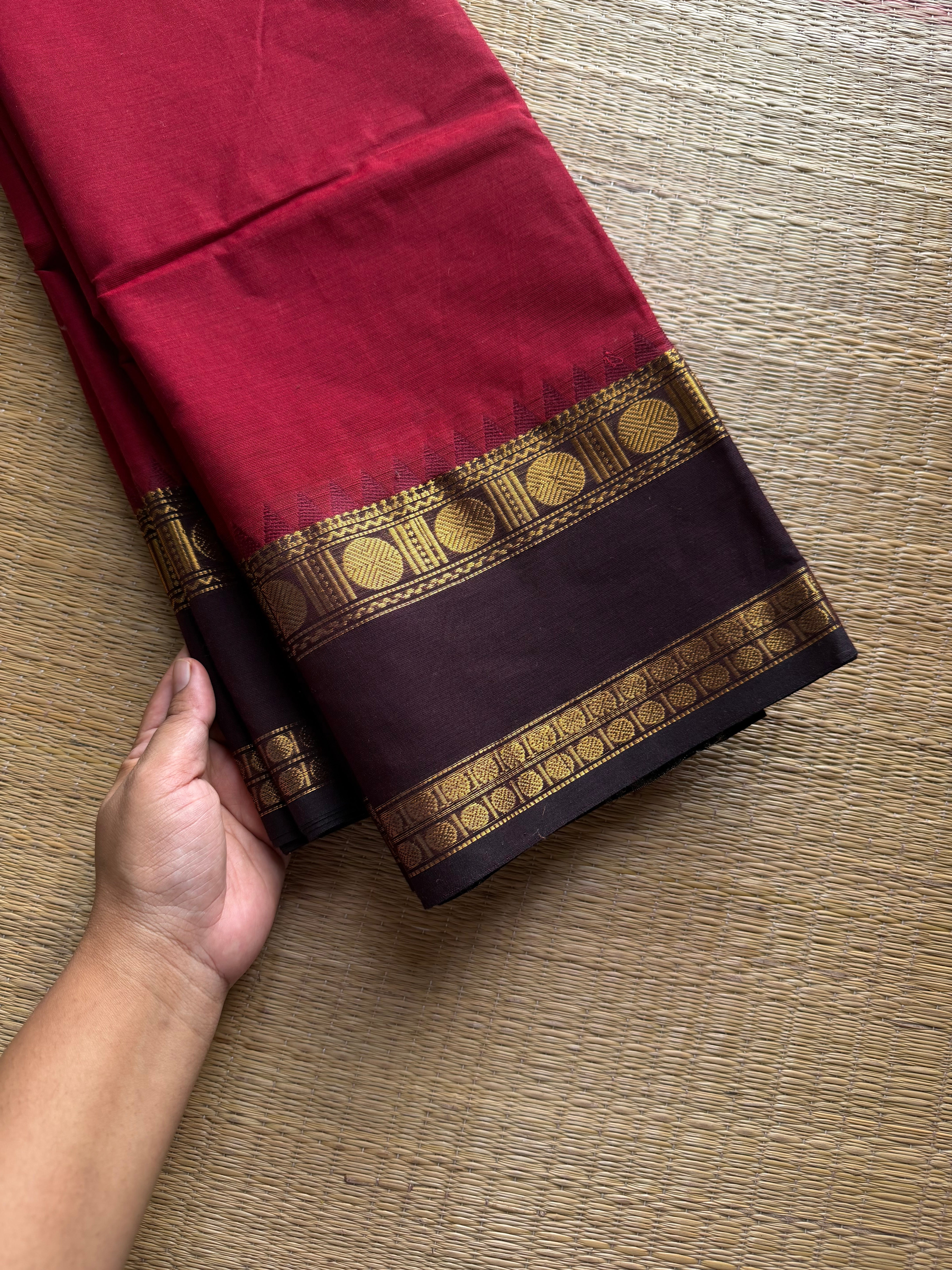 RF1125 Reddish maroon with brown ~ Gap border Kanchi cotton saree