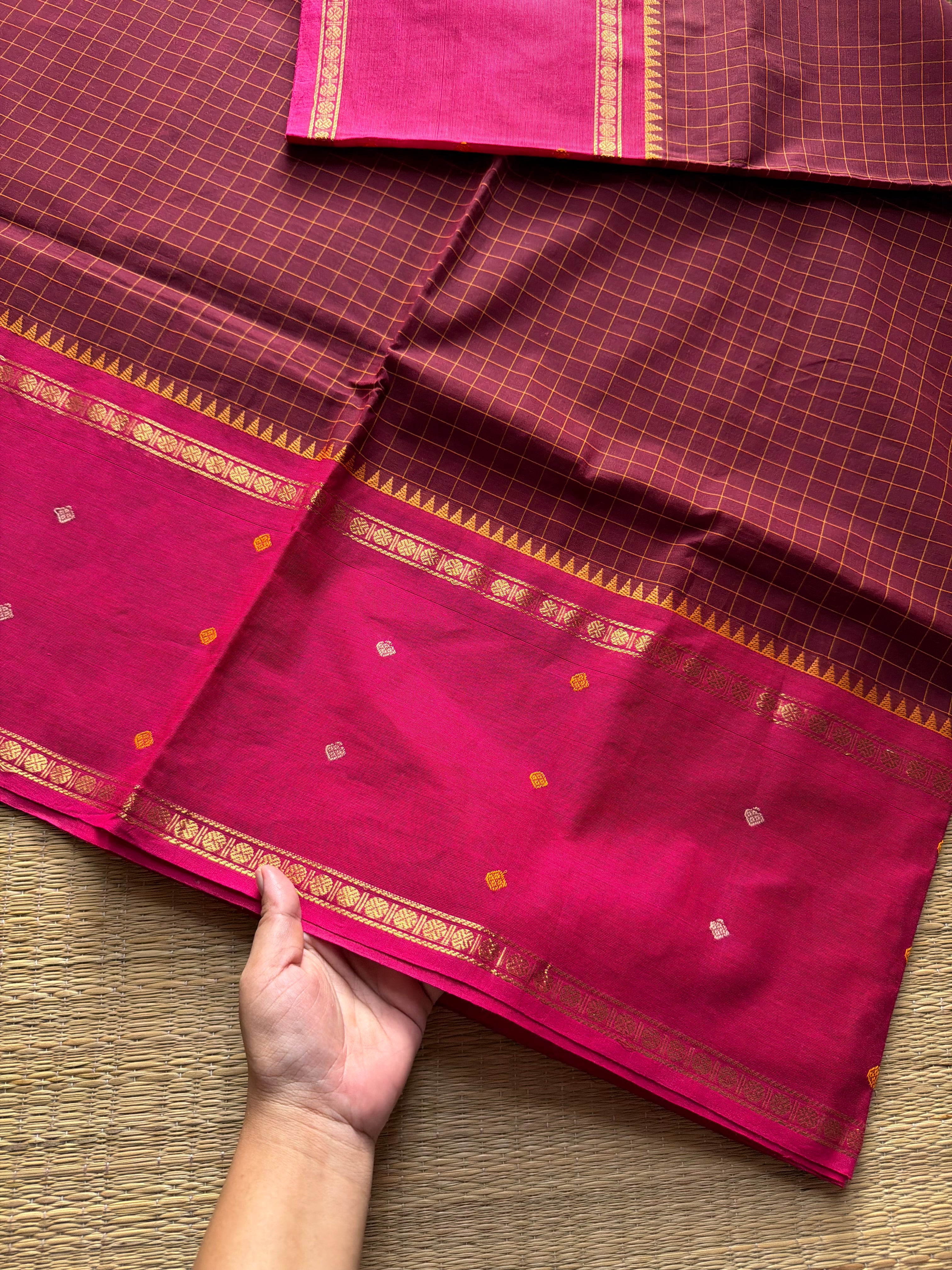 Maroon with pink combination kanchi cotton saree with Vintage Style Border kattam checks pattern & handwoven Buttas on the border