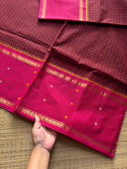 Maroon with pink combination kanchi cotton saree with Vintage Style Border kattam checks pattern & handwoven Buttas on the border