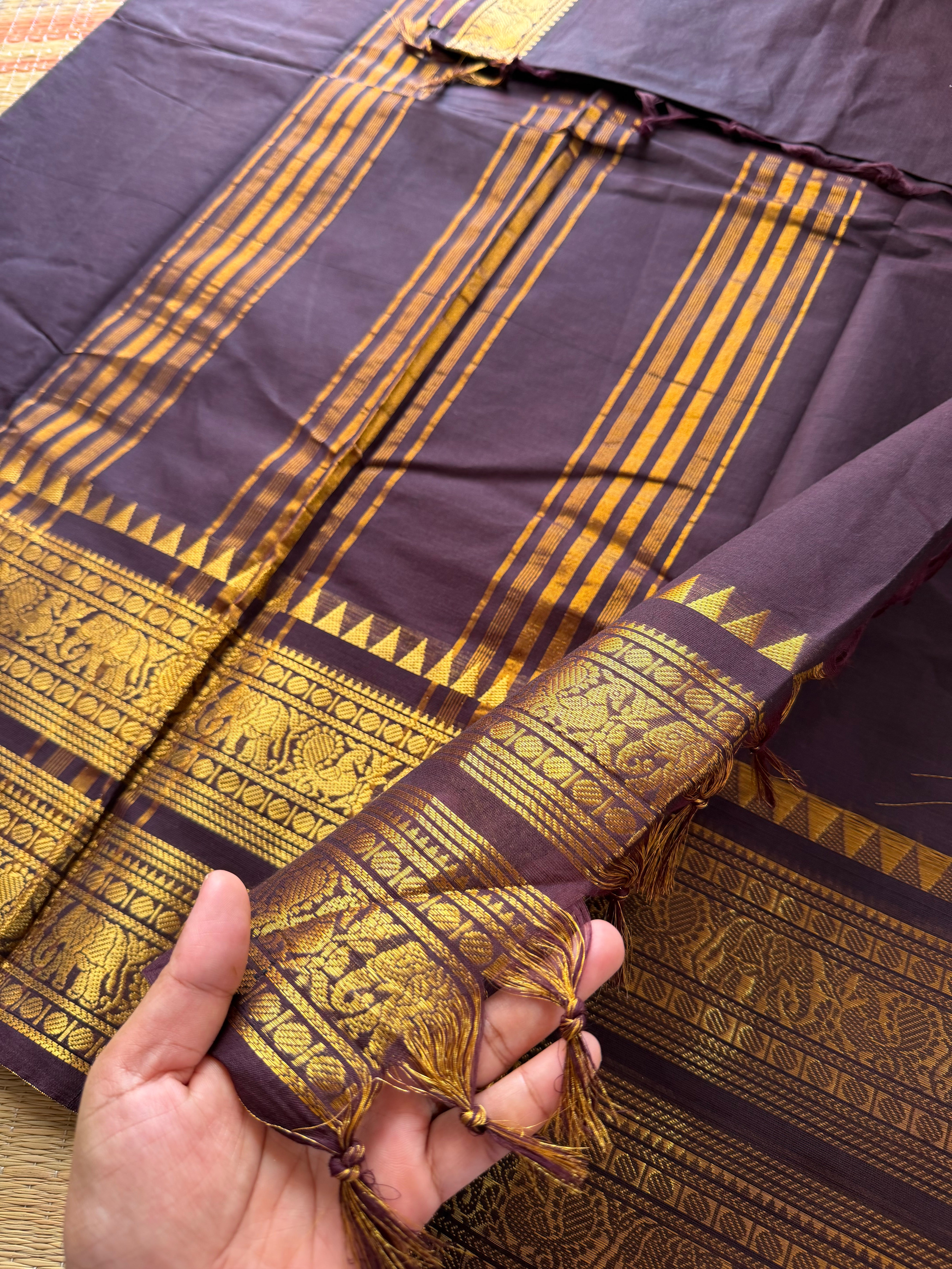 RF202 Brown Rettapet Kanchi cotton saree with premium golden Zari border and Pallu