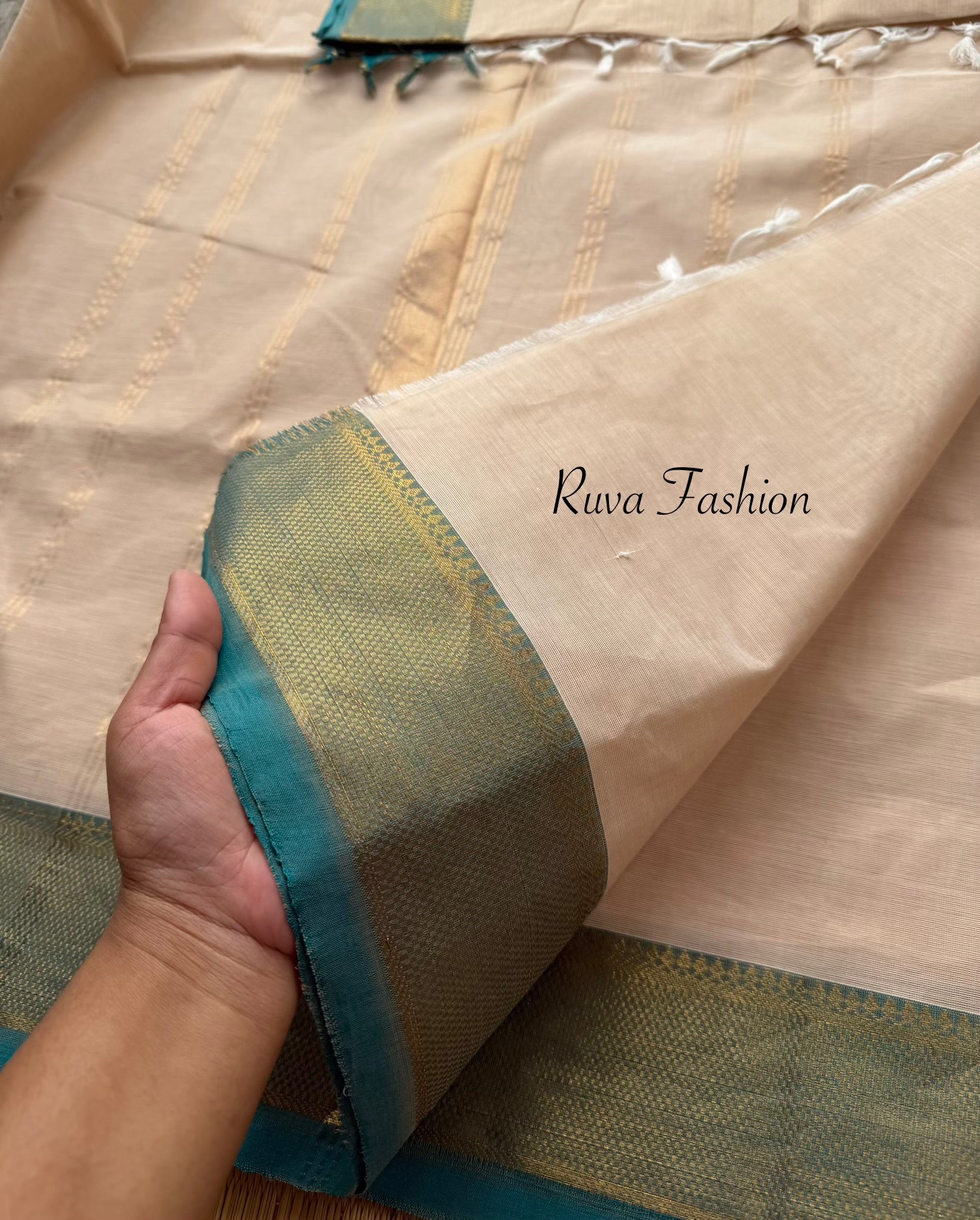RF138 Cream with light sky blue shade / pastel shade Kanchi cotton saree