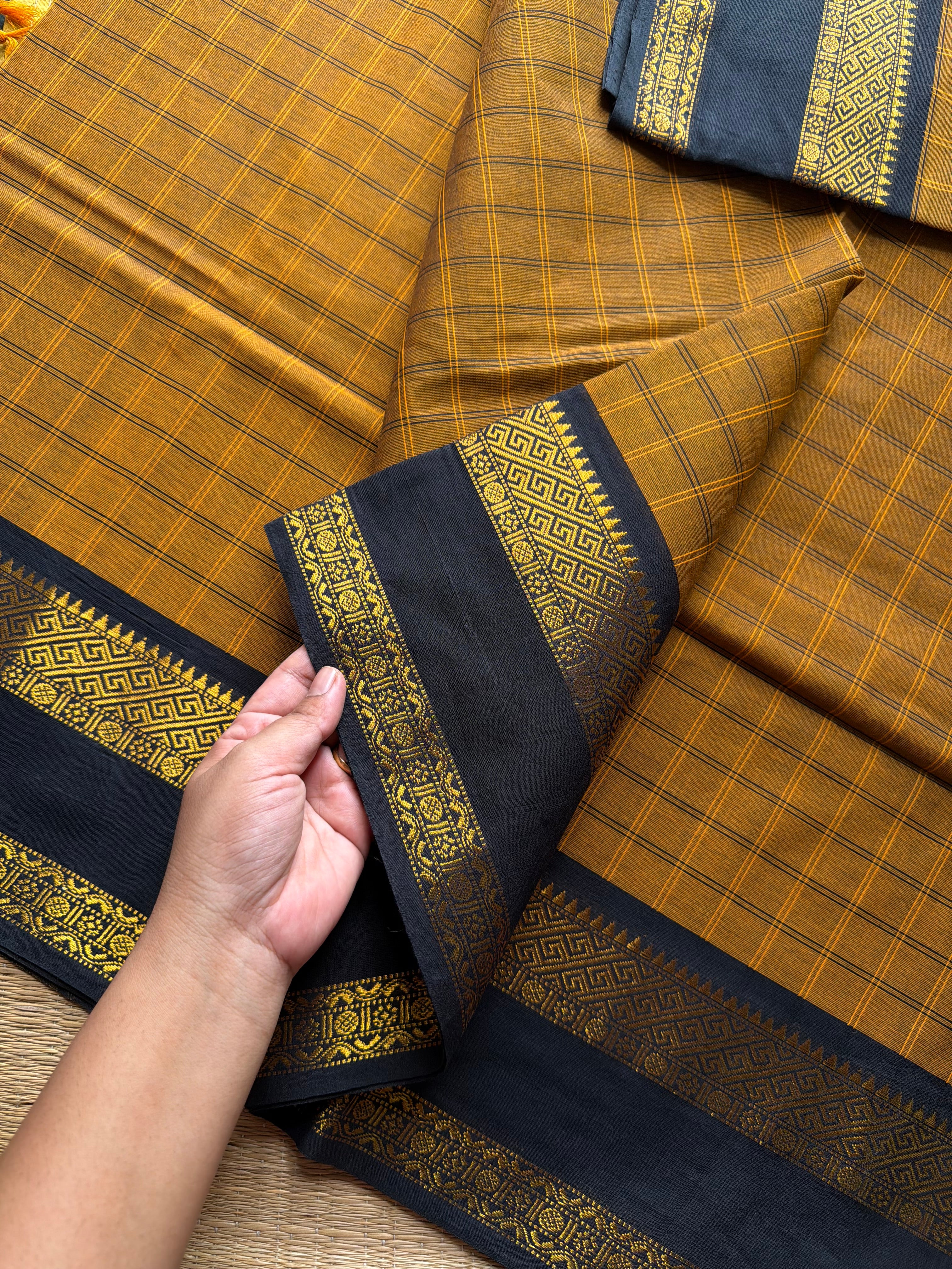 RF529 Mustard with black combination premium Kanchi Kattam / Checks Pattern saree