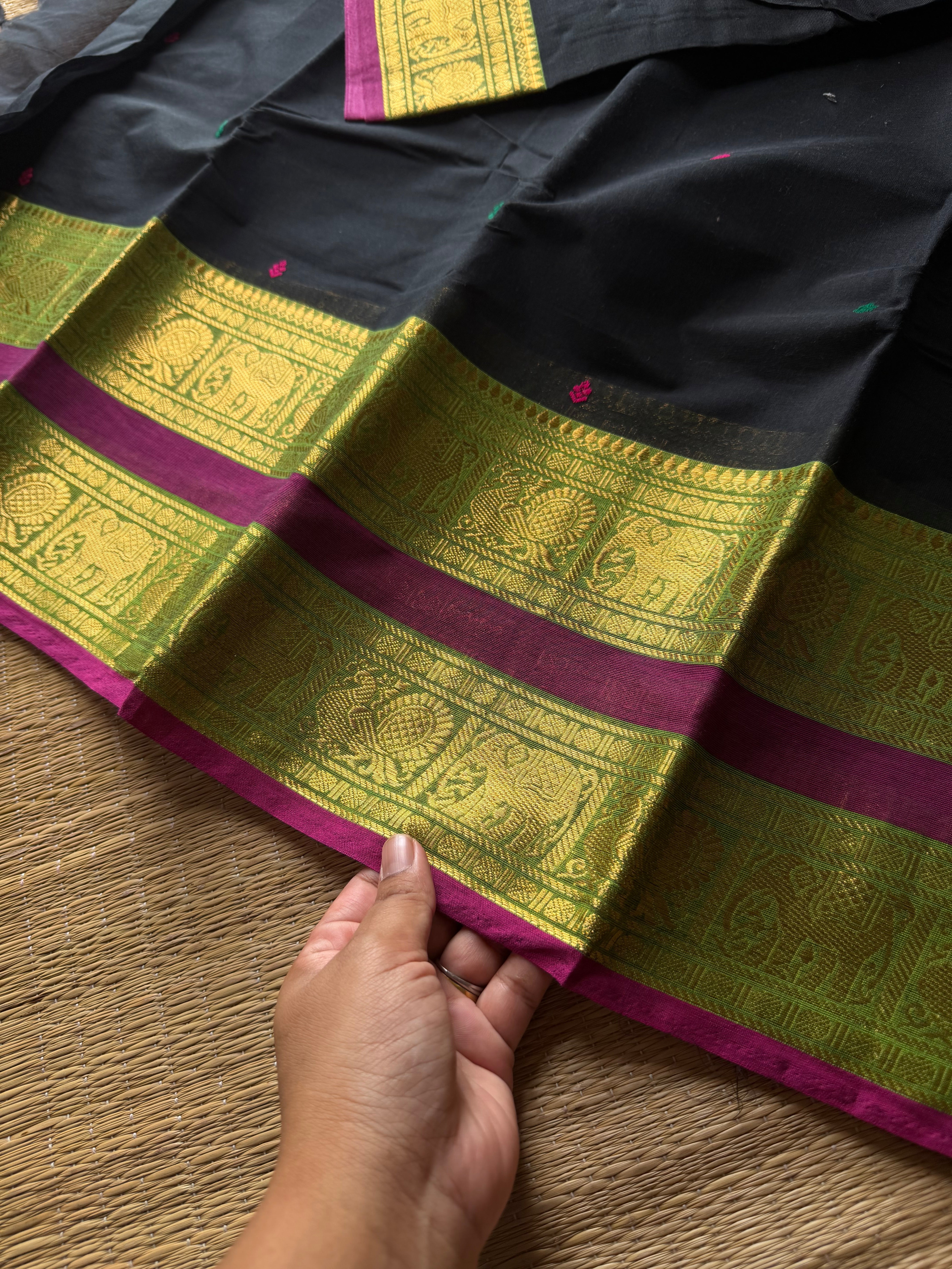 RF854 Black Kanchi cotton saree with Rettapet border and handmade thread buttas