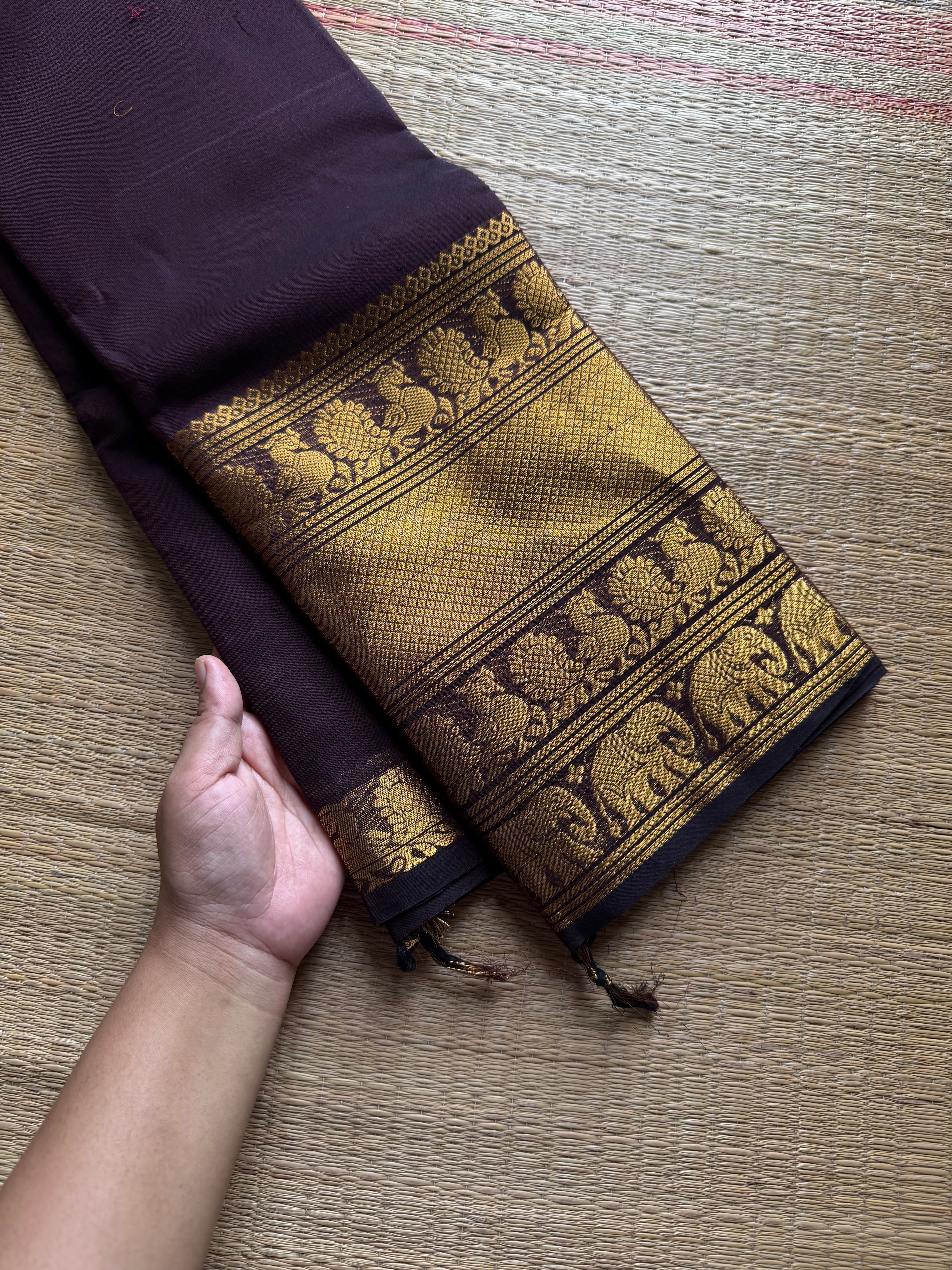 RF1229 Deep coffee brown Kanchi cotton saree with big / long border